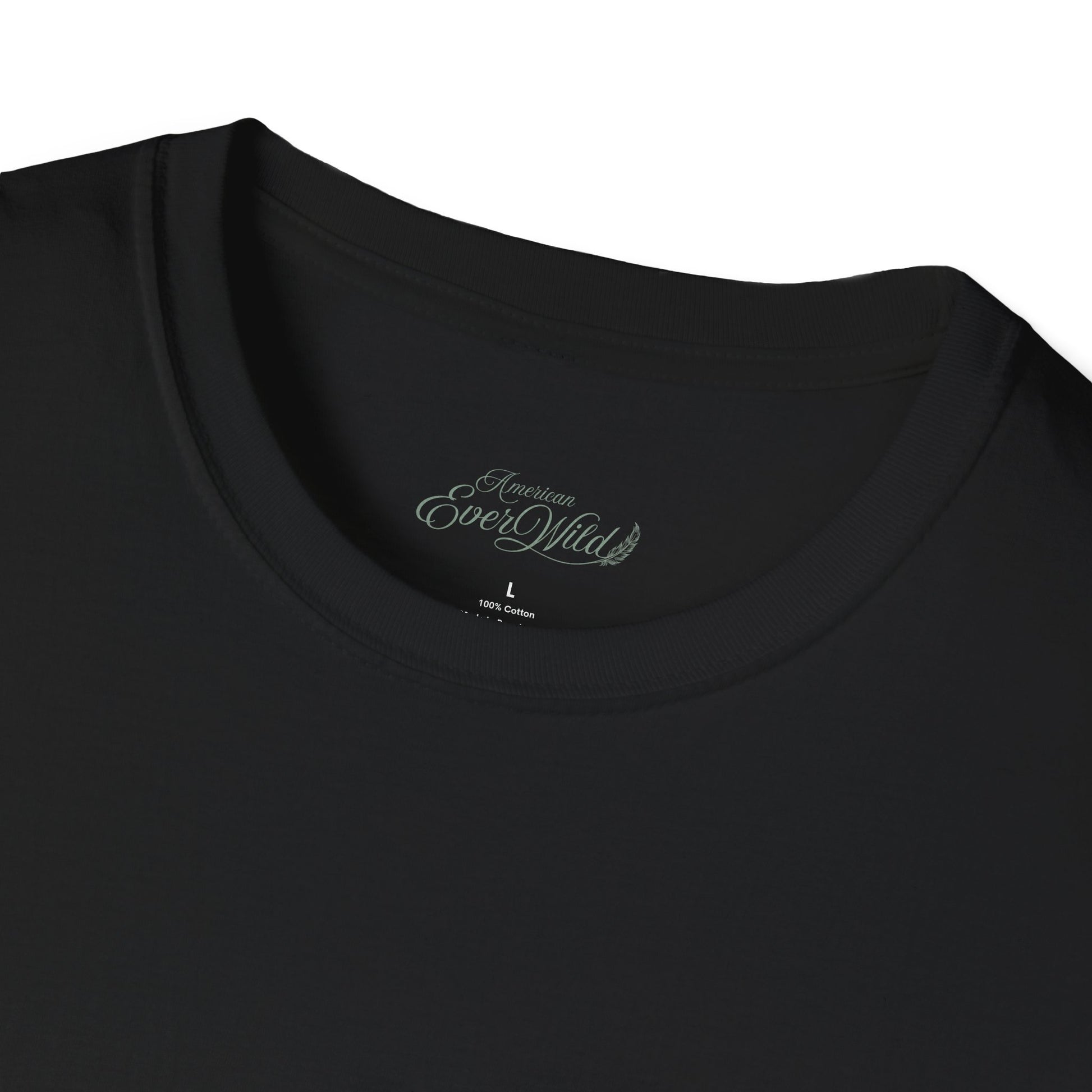 Raised on BackRoads™ women’s tee neckline close-up, black with printed logo