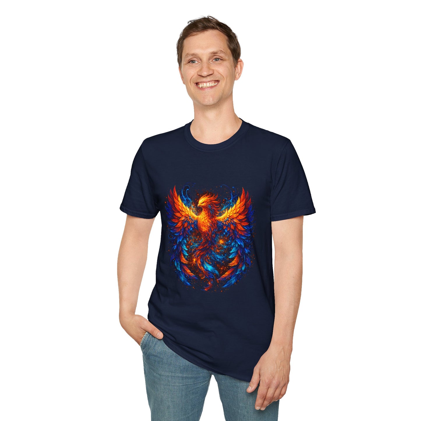 Men's navy graphic T-shirt with colorful flame eagle-phoenix front design