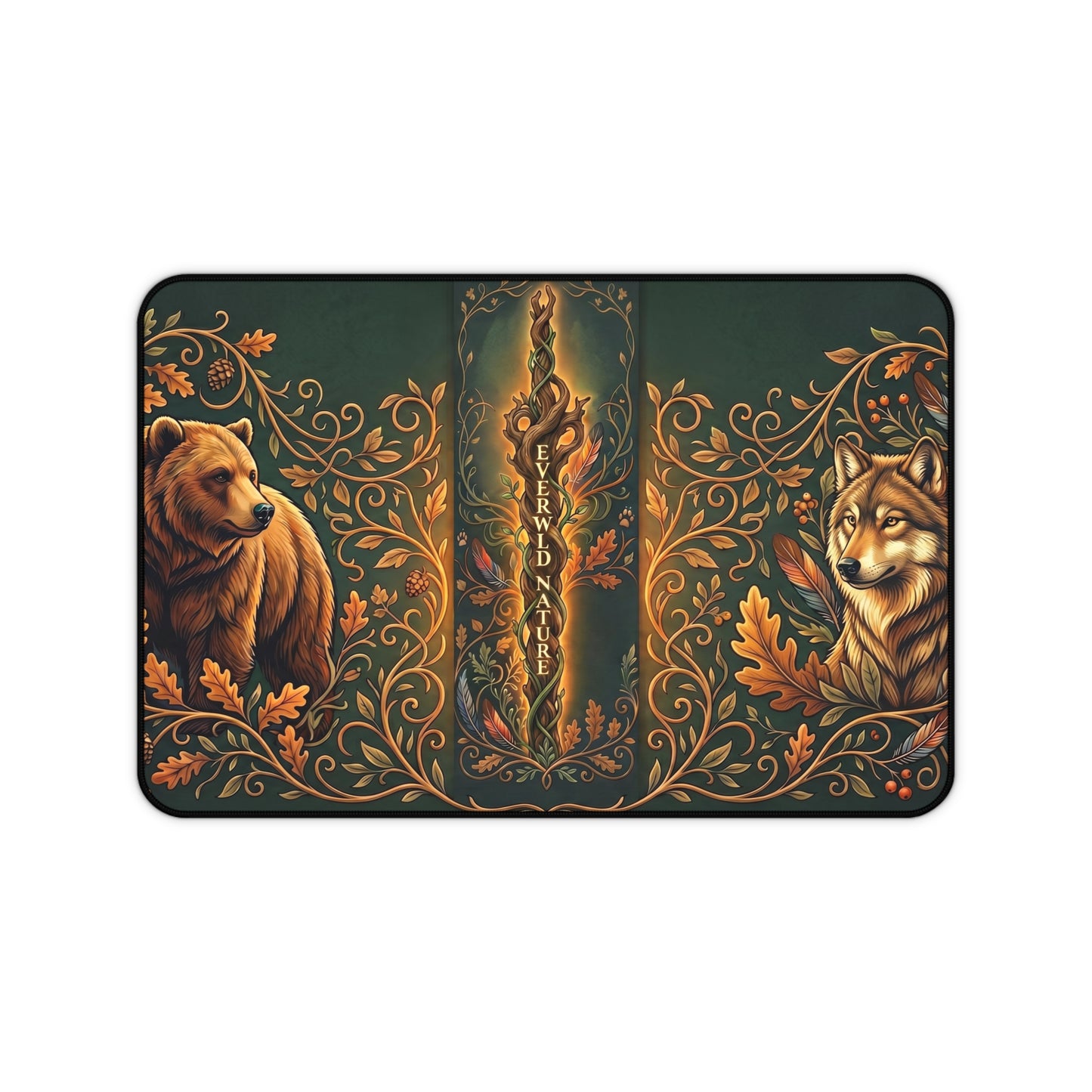Forest-themed desk mat with bear and wolf illustrations, rounded rectangle, green design