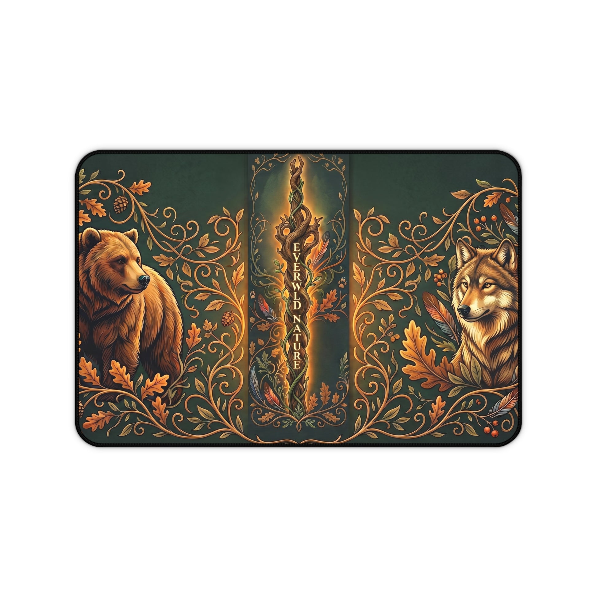 Forest-themed desk mat with bear and wolf illustrations, rounded rectangle, green design