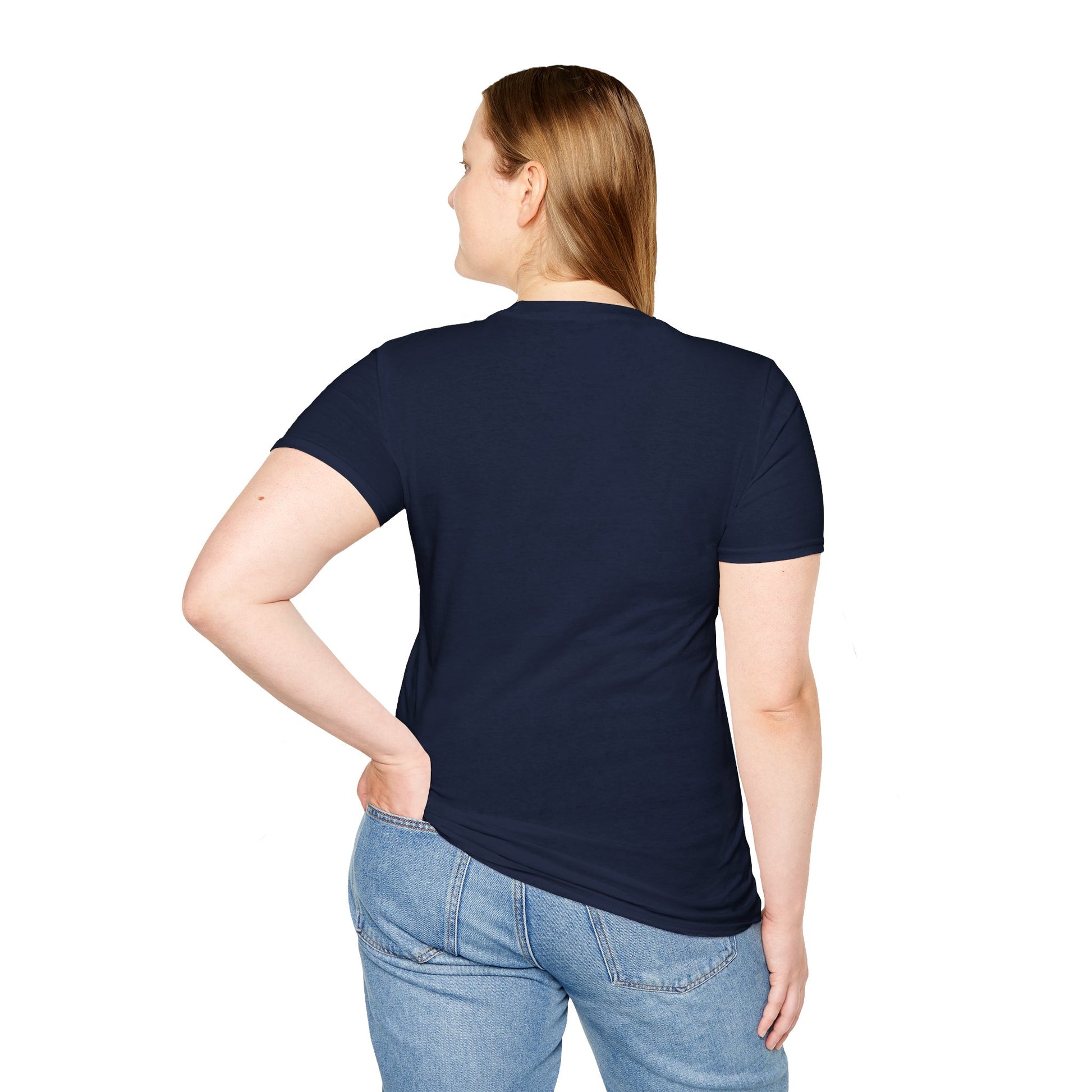 Navy crew-neck T-shirt back view, plain with no visible graphic