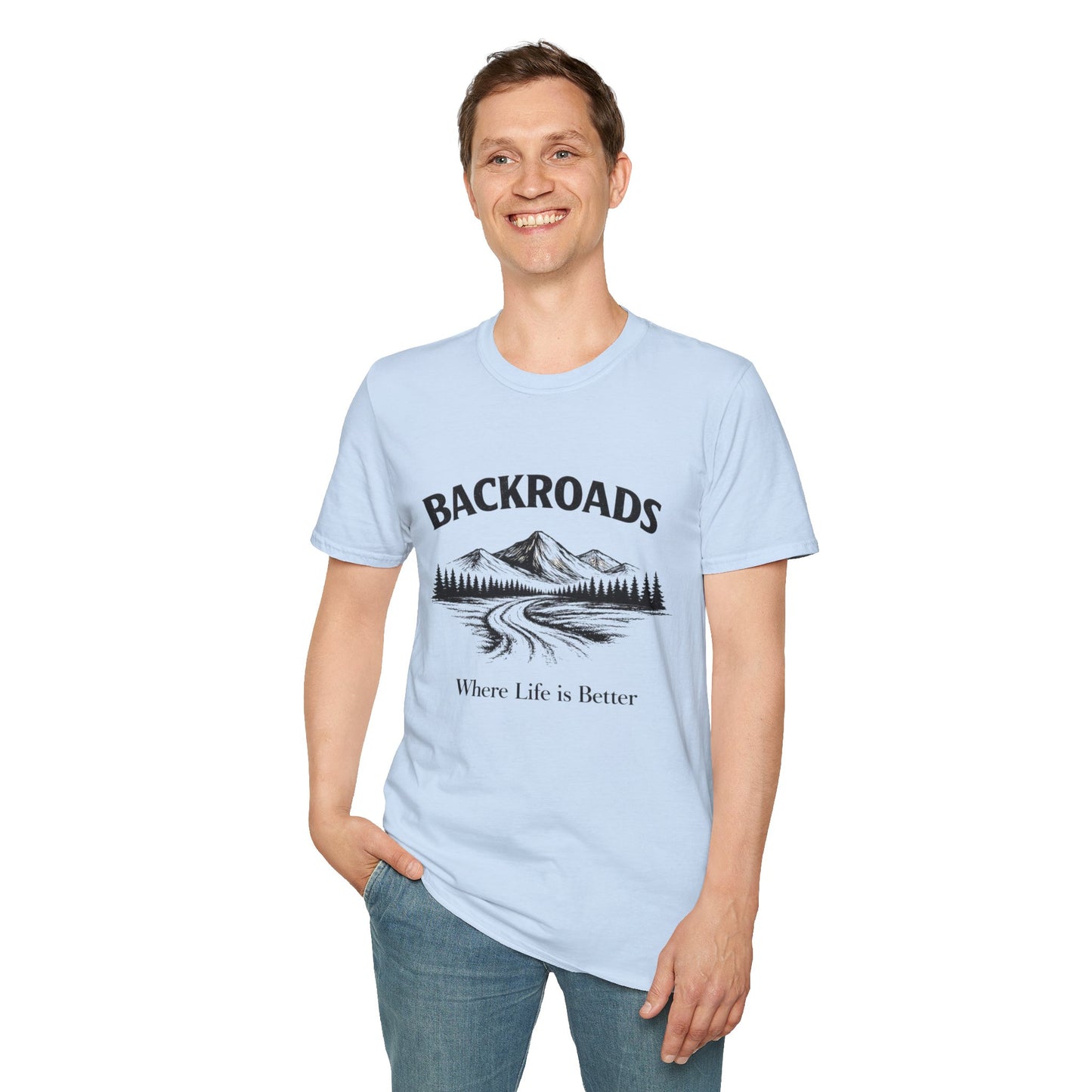 Light blue crew-neck T-shirt with BACKROADS mountain graphic and Where Life Is Better text