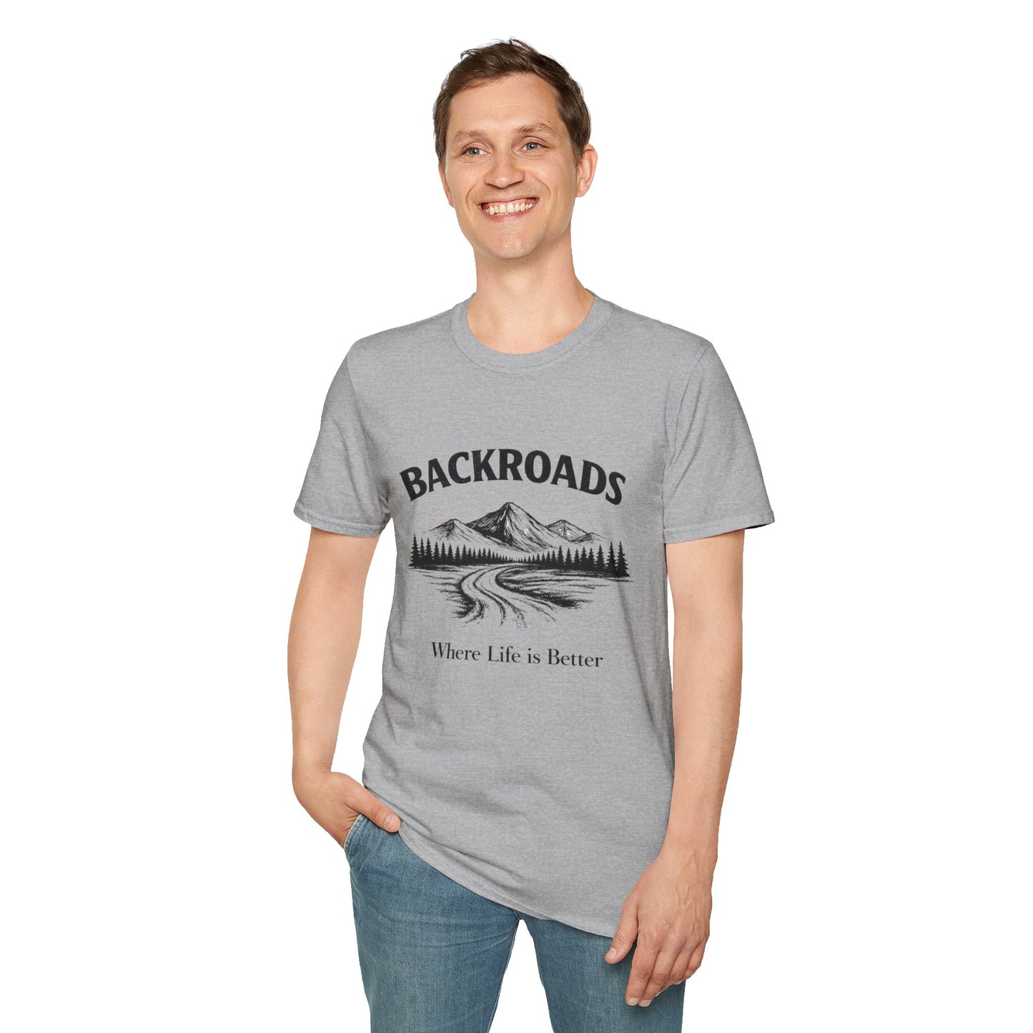 Sport grey crew-neck T-shirt with BACKROADS mountain graphic and Where Life Is Better text