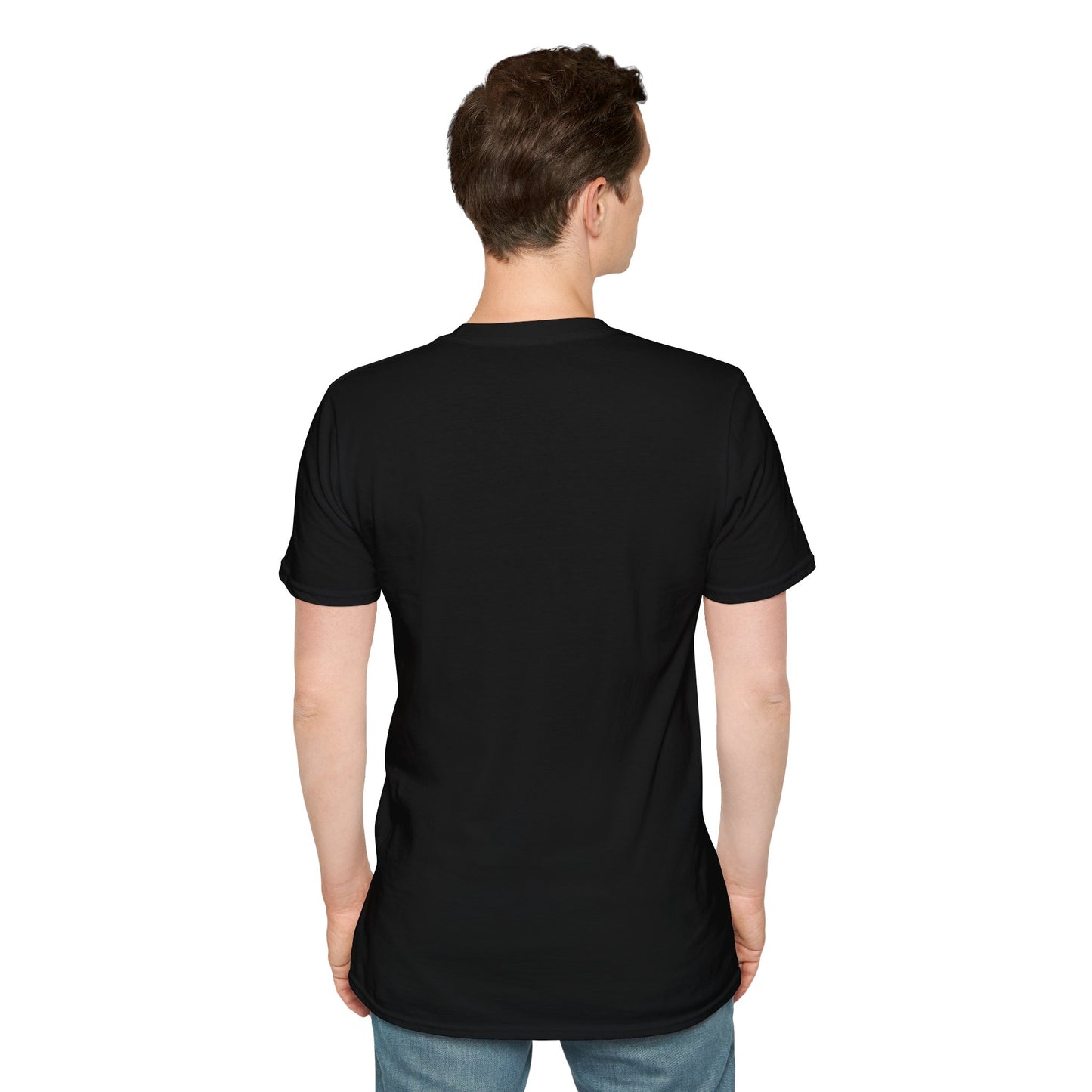 Men's black T-shirt back view, plain crew-neck with short sleeves