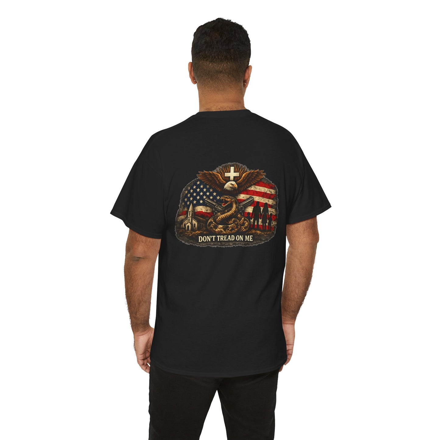 Black T-shirt with back eagle-and-American-flag graphic and text "DON'T TREAD ON ME"