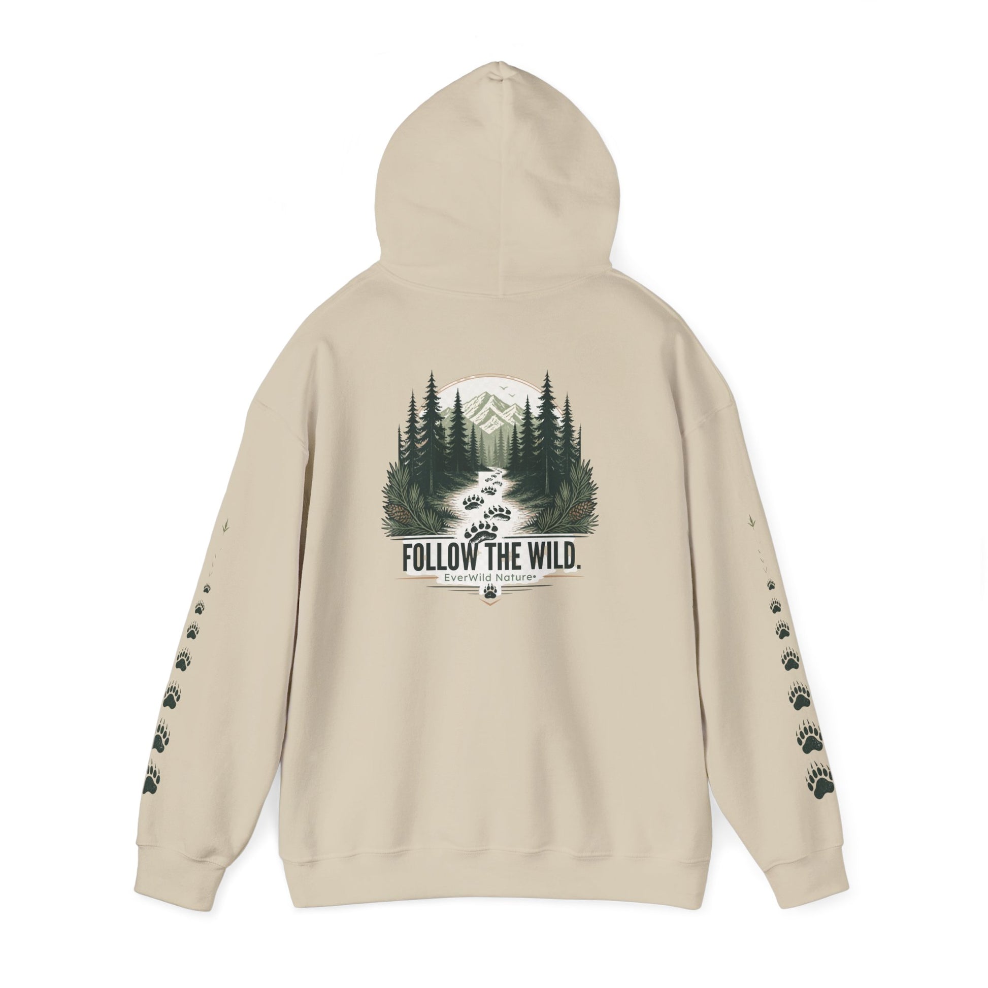 Beige pullover hoodie with back tree graphic "FOLLOW THE WILD" and paw-sleeve prints