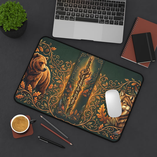 Green rounded desk mat with bear and wolf faces and central medallion artwork
