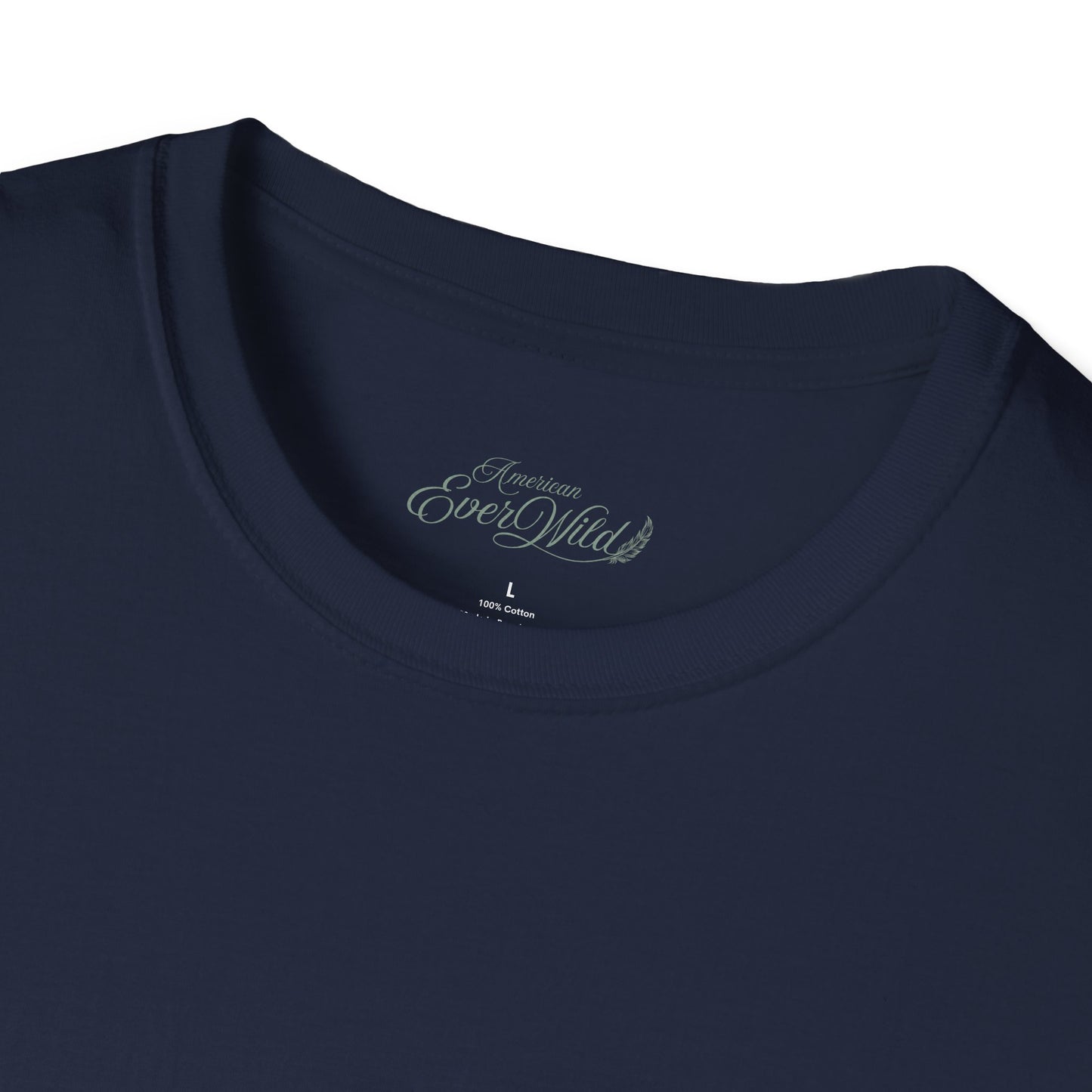 Navy crew-neck T-shirt neckline with small interior collar label