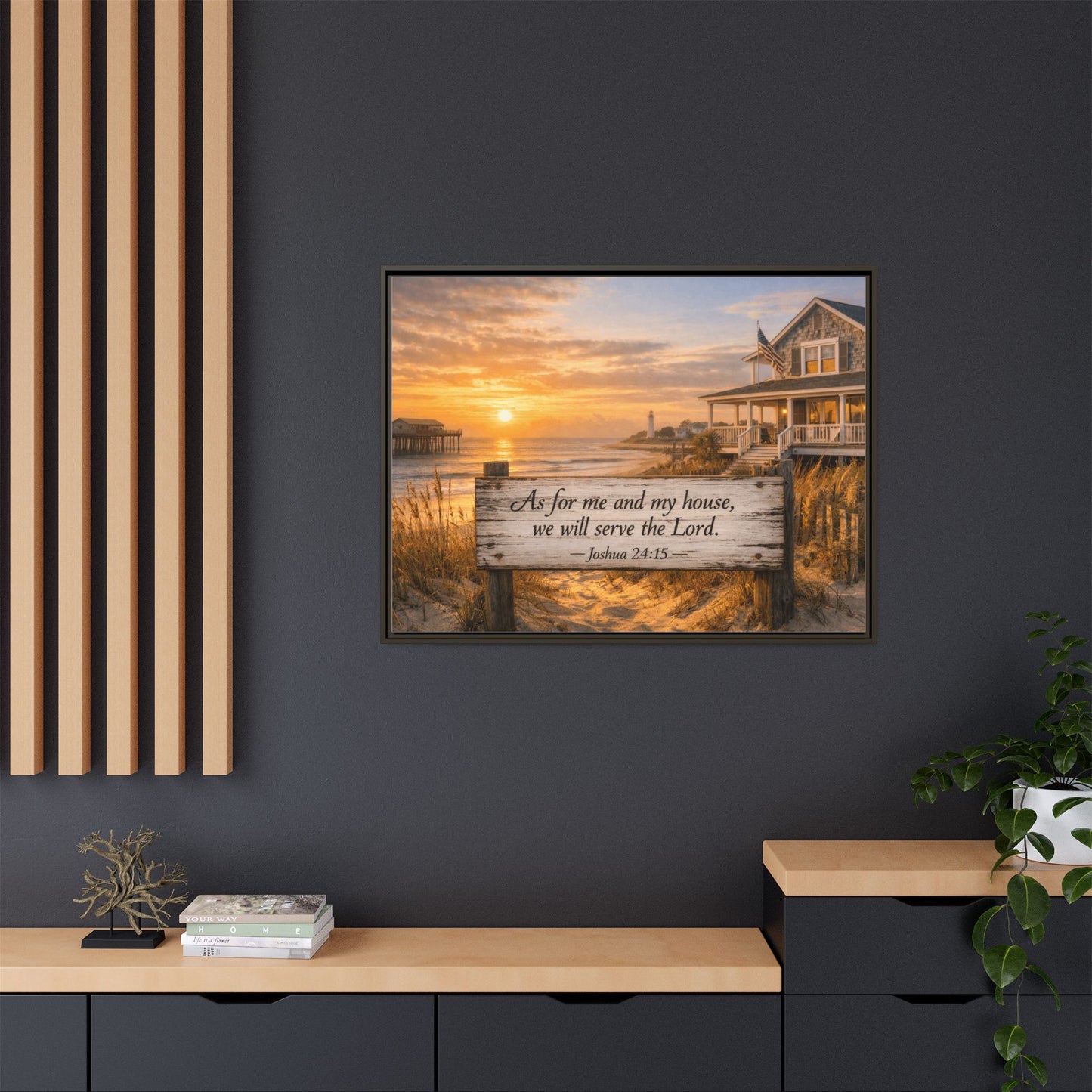 Framed coastal scripture canvas with dark frame and sunset shoreline; scripture reads Joshua 24:15.
