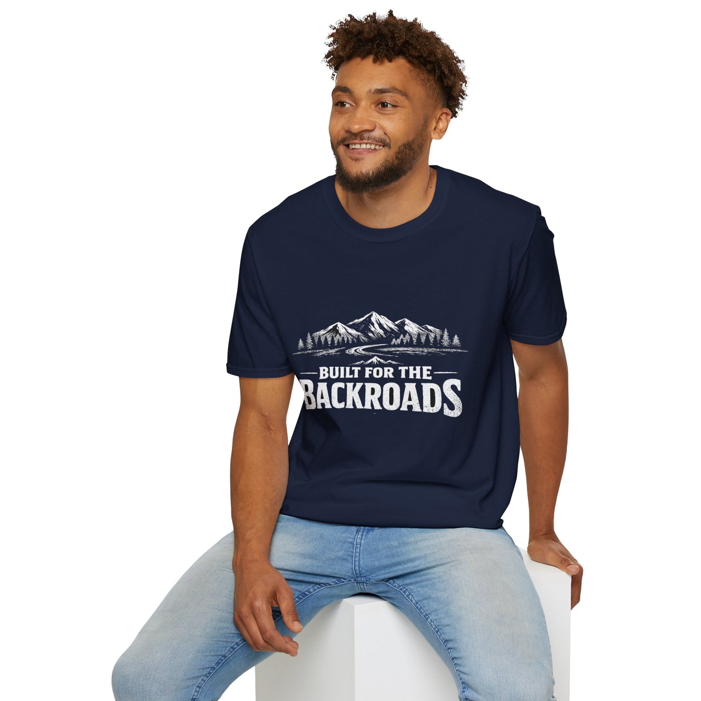Navy crew-neck T-shirt with mountain 'Built for the BackRoads' graphic