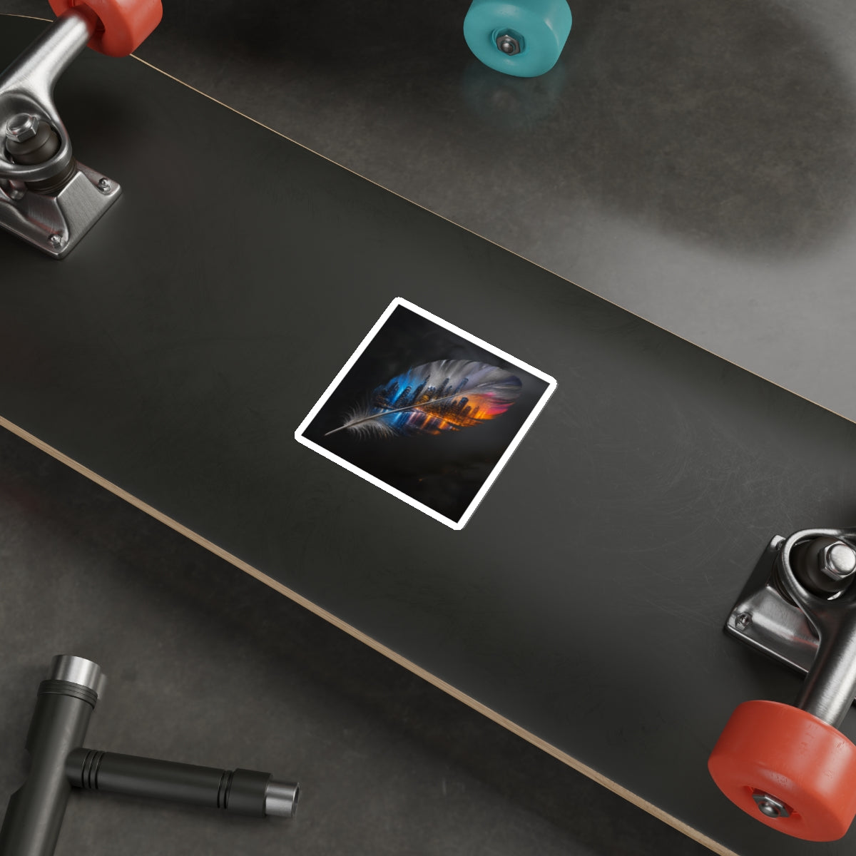 Urban Feather Die‑Cut Sticker — EverWild Cityscape Art