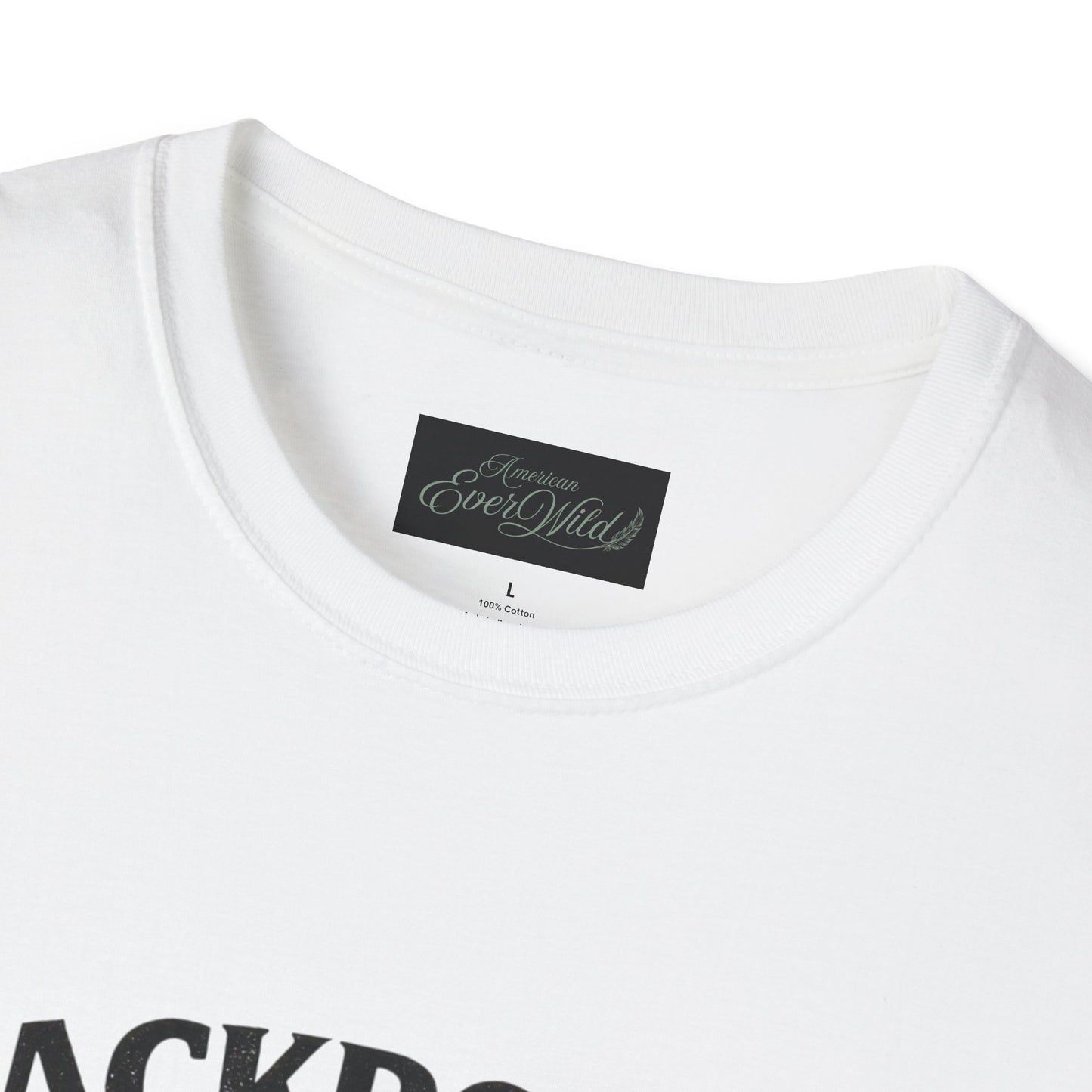 Women's white T-shirt, crew neck with black brand label and size info at neckline