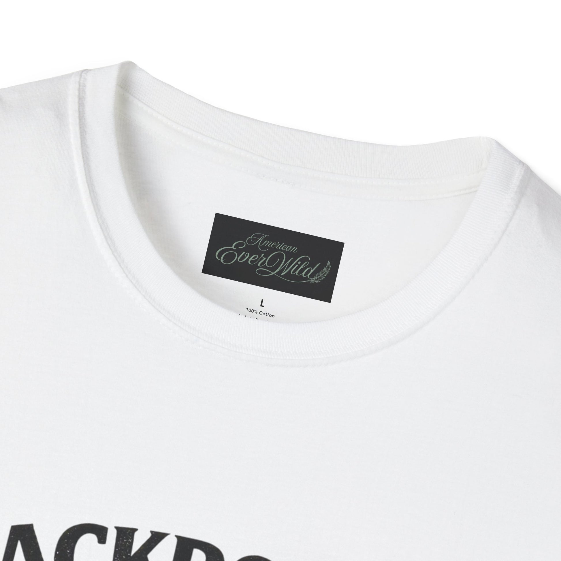Women's white T-shirt, crew neck with black brand label and size info at neckline