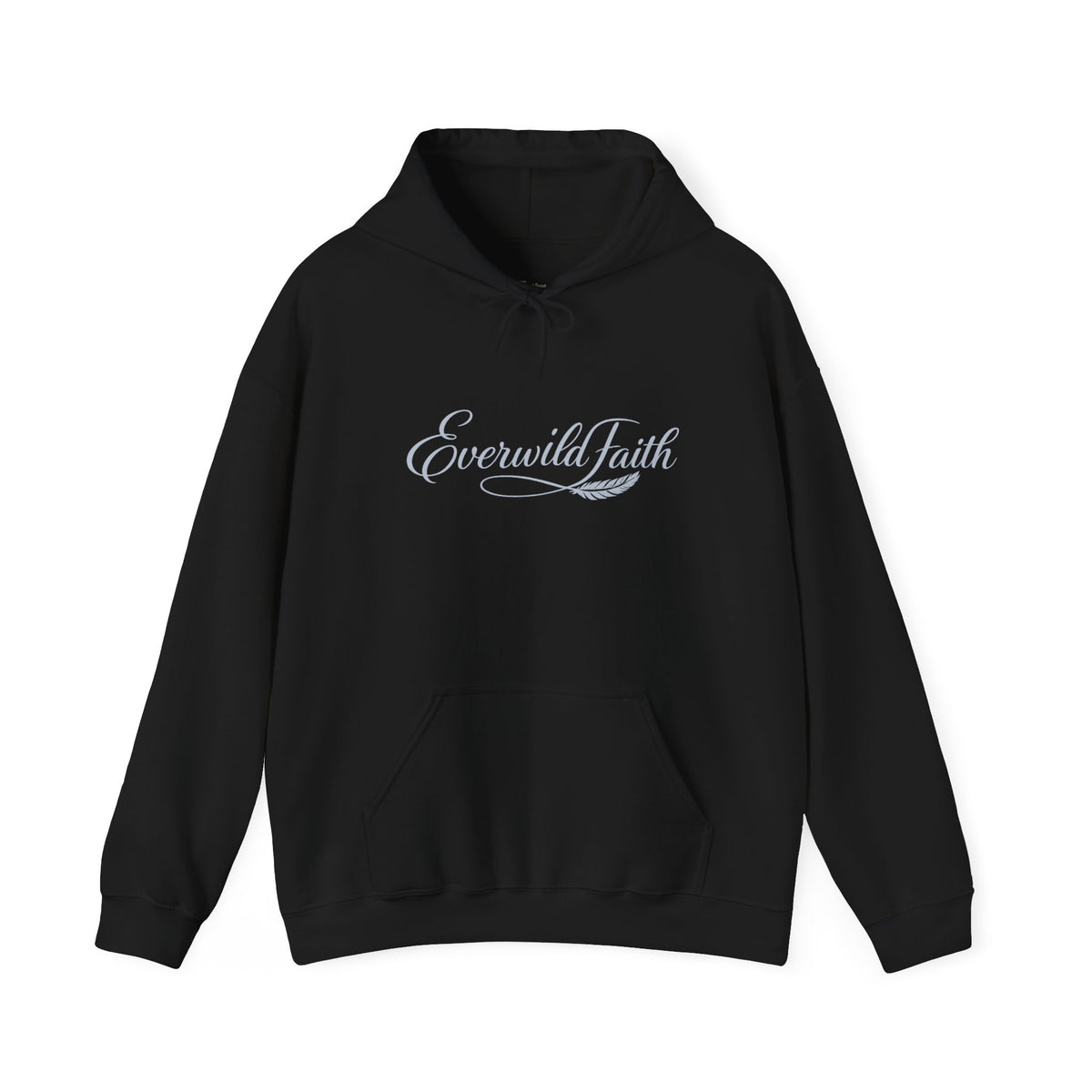 Black pullover hoodie with white script logo on chest and front pouch pocket