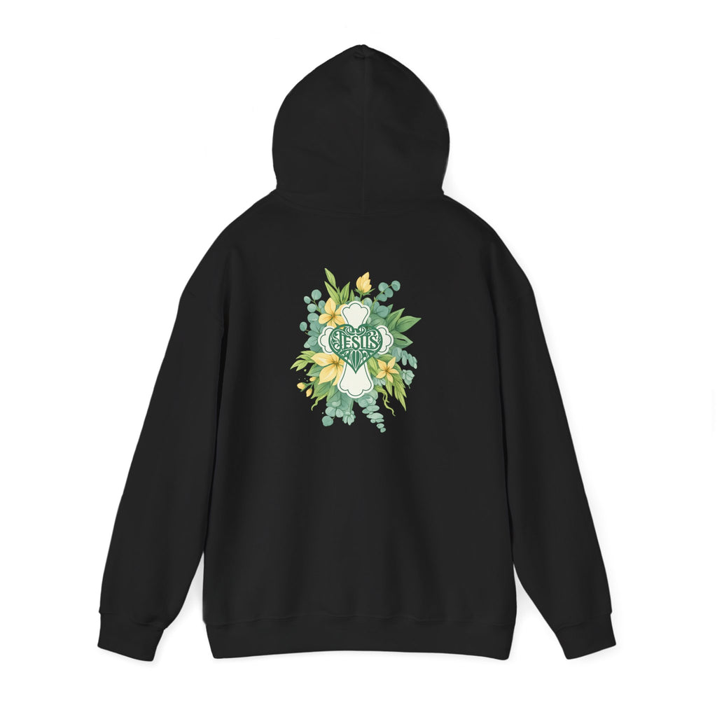 Black pullover hoodie with floral Jesus graphic on the back and drawstring hood