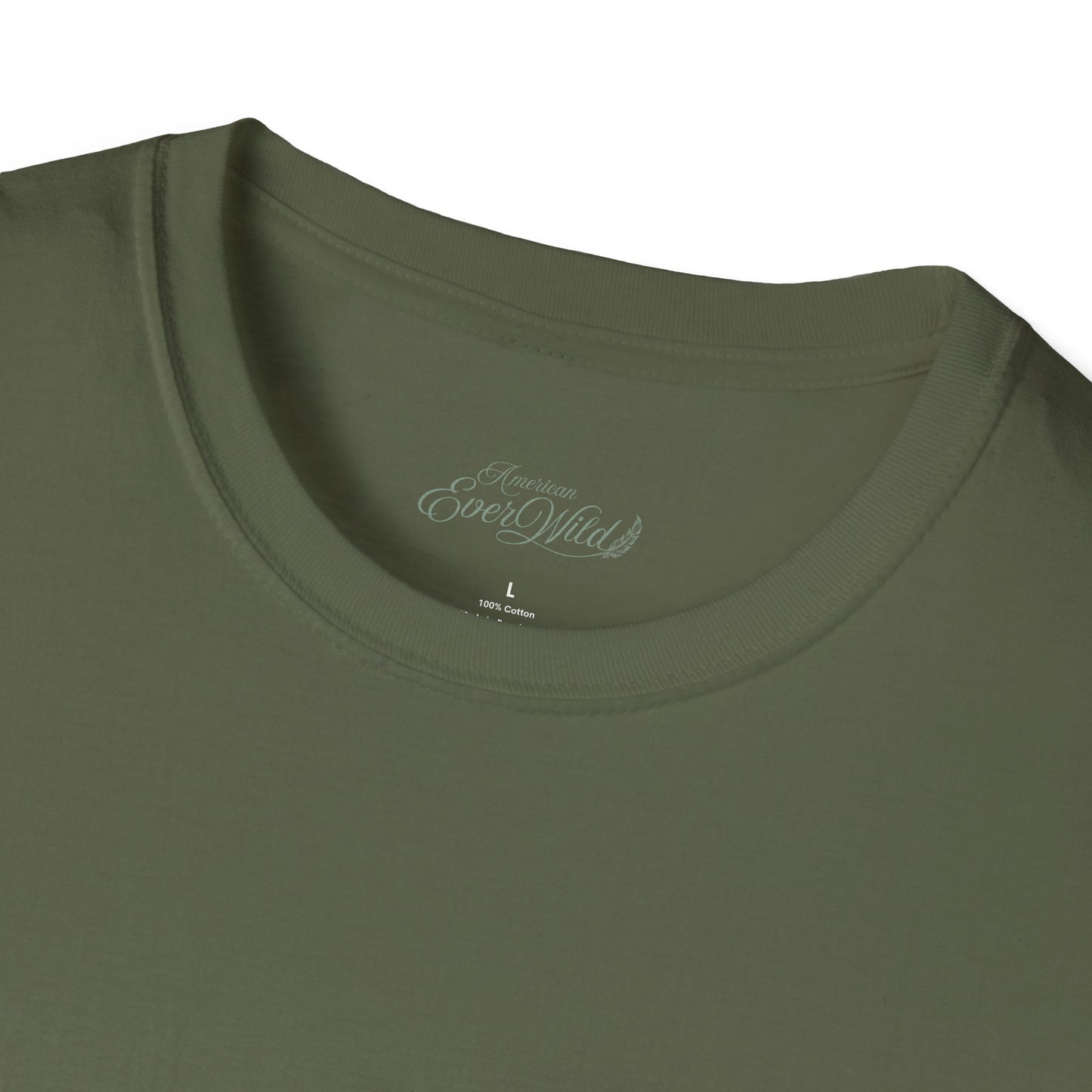 Military green crewneck T-shirt close-up of neckline with small embroidered logo text inside collar.