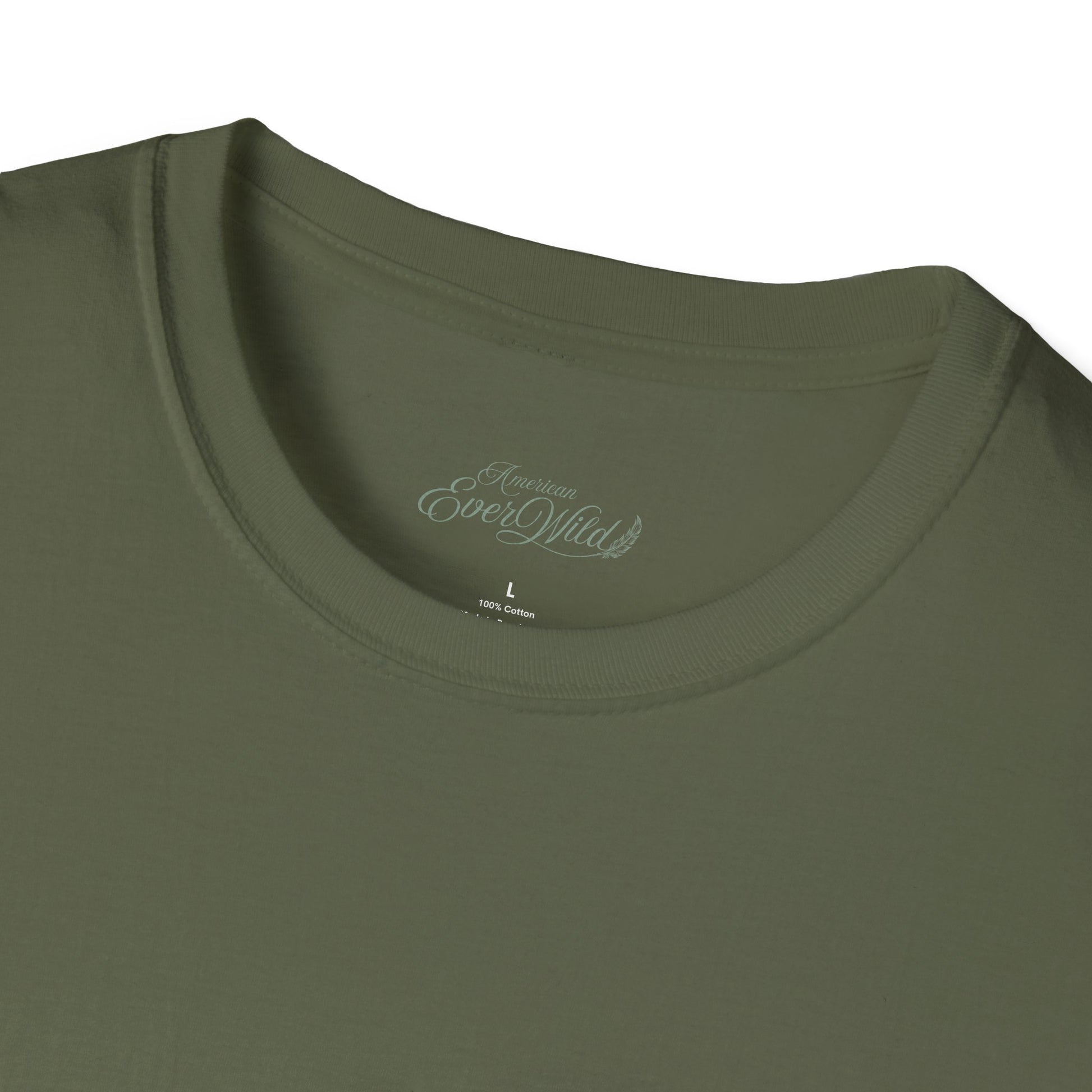 Military green crewneck T-shirt close-up of neckline with small embroidered logo text inside collar.