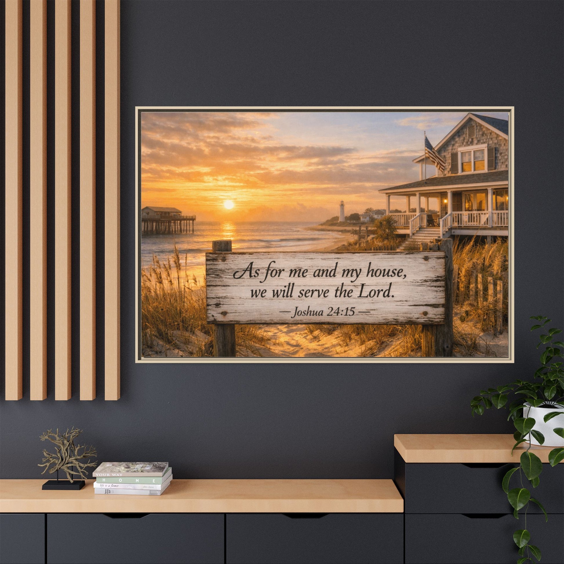 Framed coastal scripture canvas with sunset house and shoreline; reads Joshua 24:15.