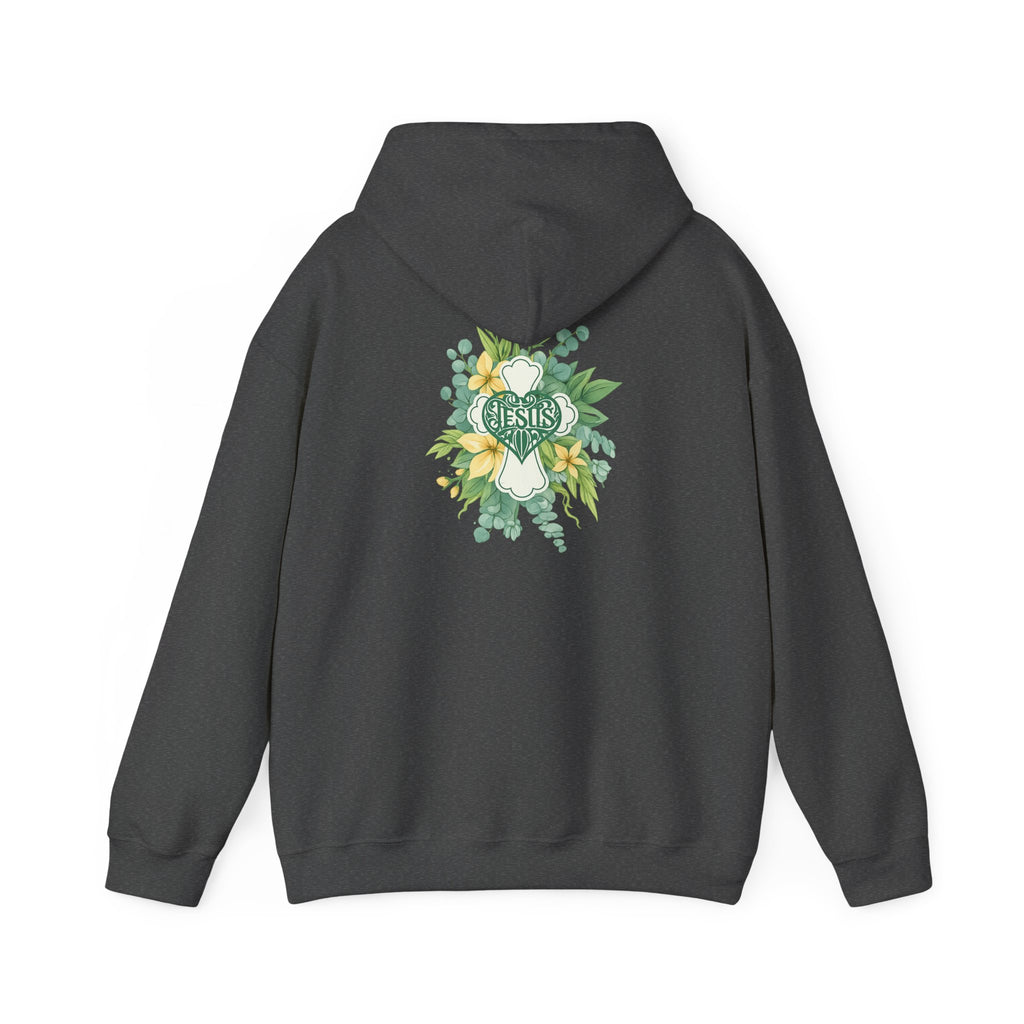 Dark heather pullover hoodie with green and yellow floral Jesus graphic on the back