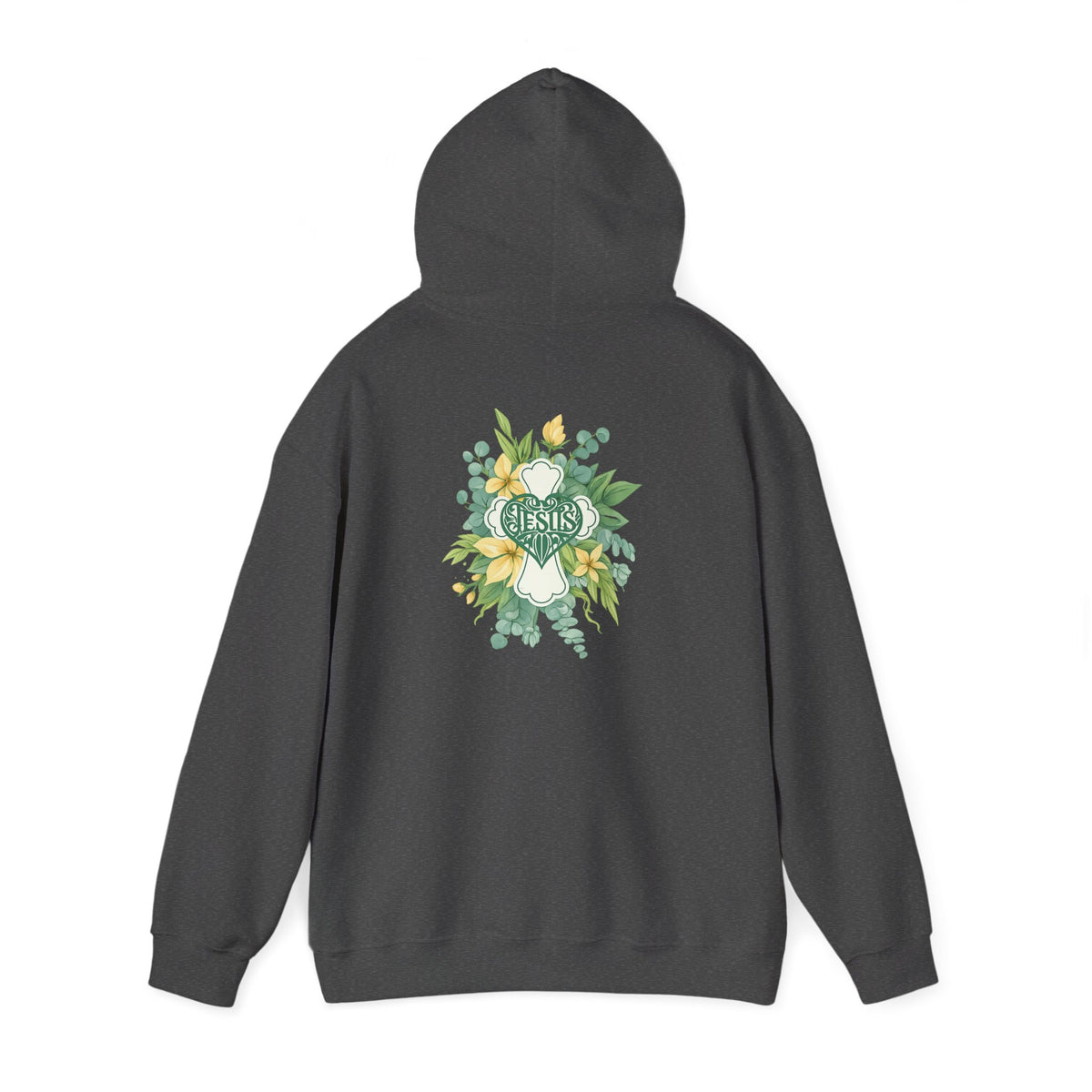Dark heather pullover hoodie with floral Jesus graphic on the back and full sleeves