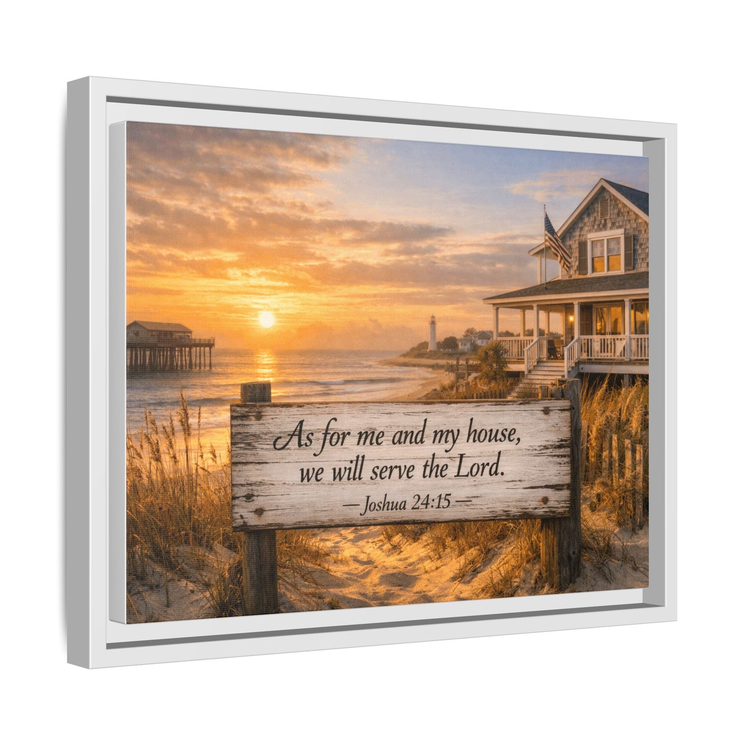 Framed coastal scripture canvas with sunrise beach scene and verse text on a sign.