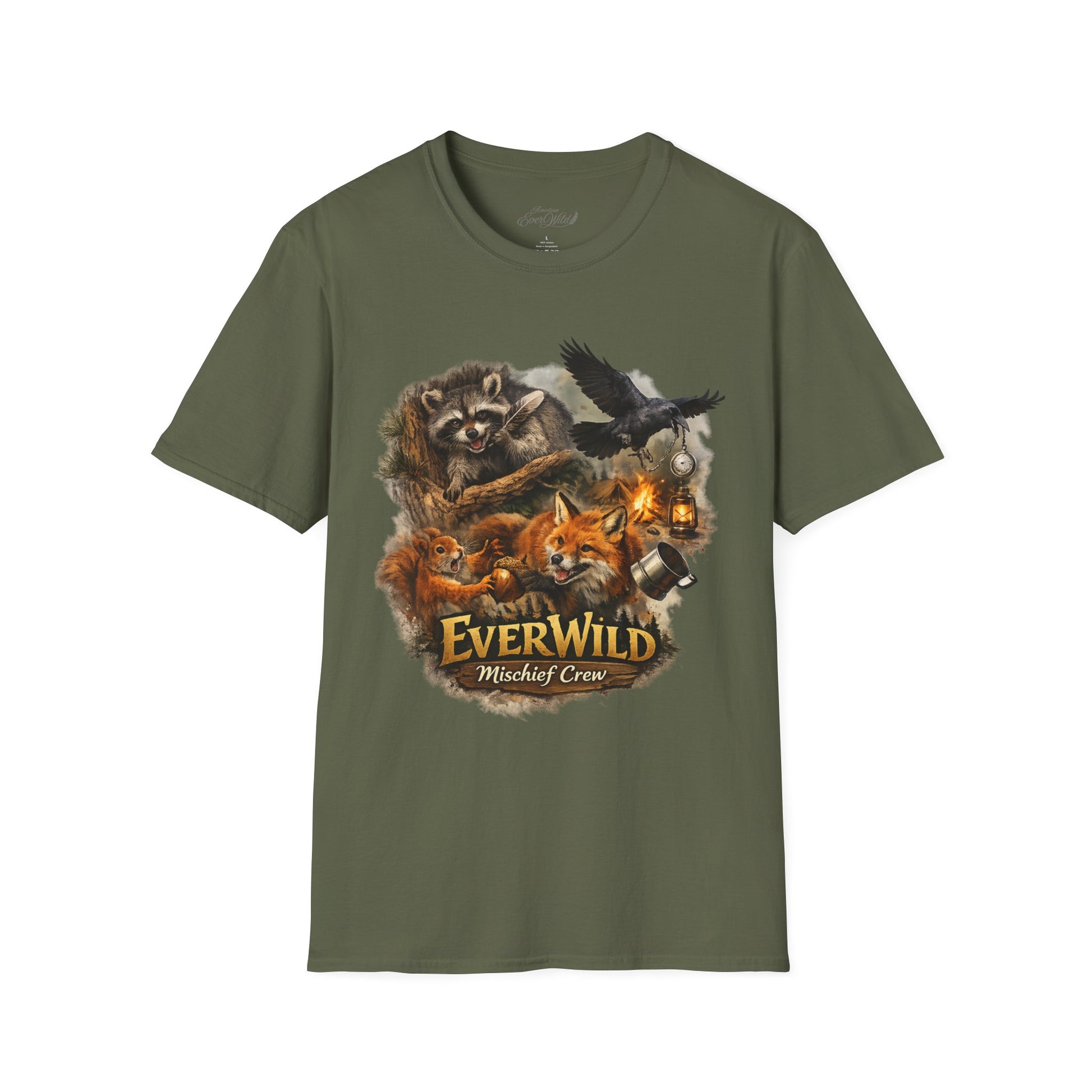 Men's military green crew-neck T-shirt with EverWild animal scene graphic