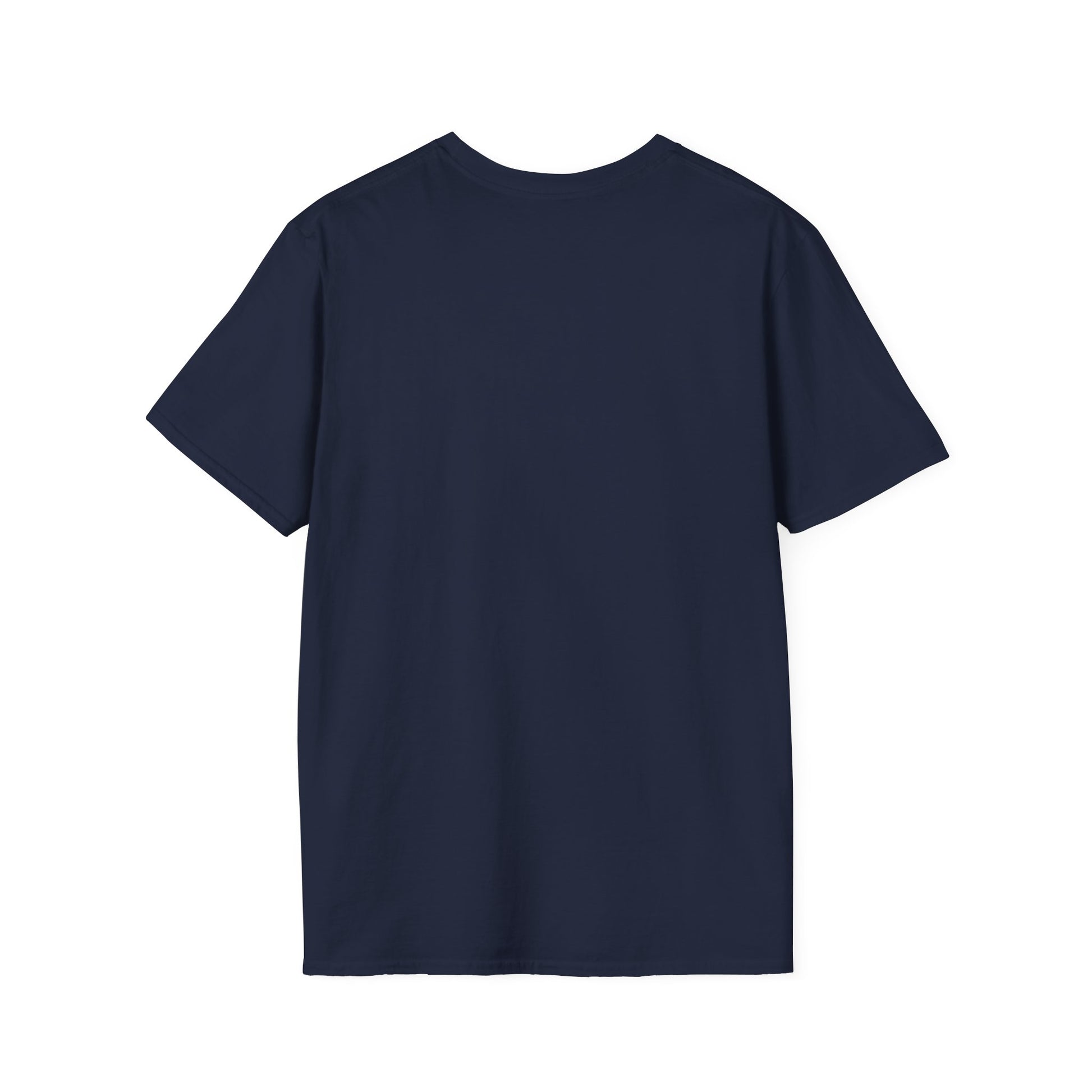Navy crew-neck T-shirt, short sleeves, plain front.