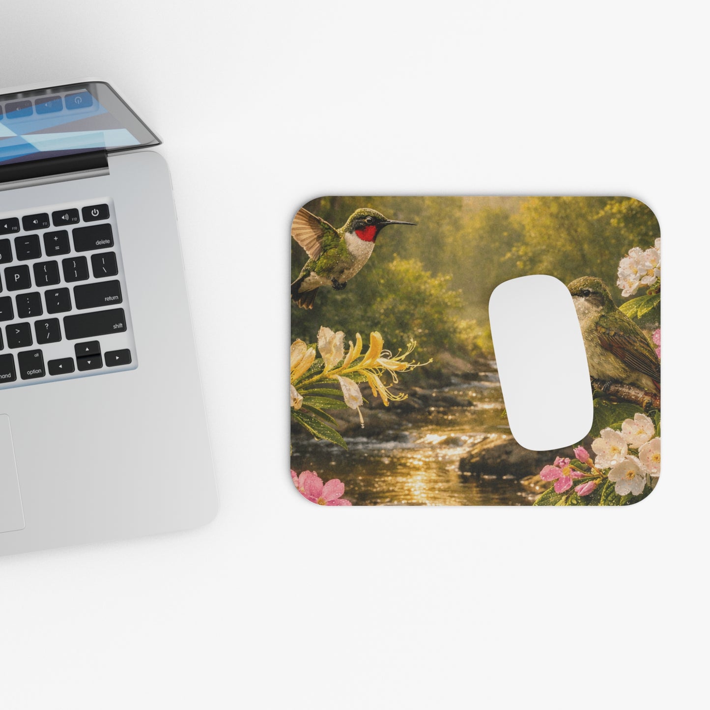 Rounded rectangular mouse pad with hummingbirds, flowering plants, and a river scene