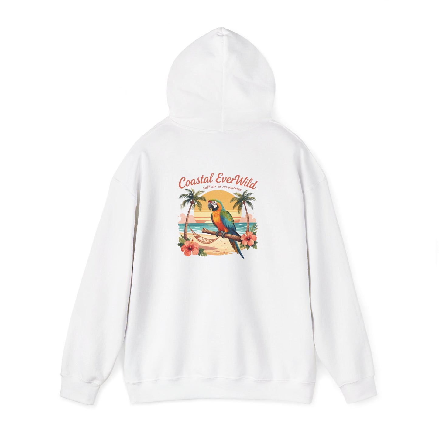 White pullover hoodie with back bird-and-palm beach graphic and hood