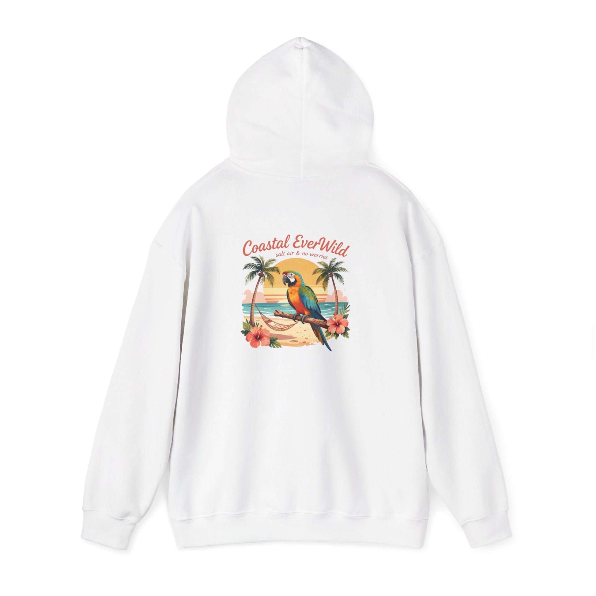 White pullover hoodie with back bird-and-palm beach graphic and hood