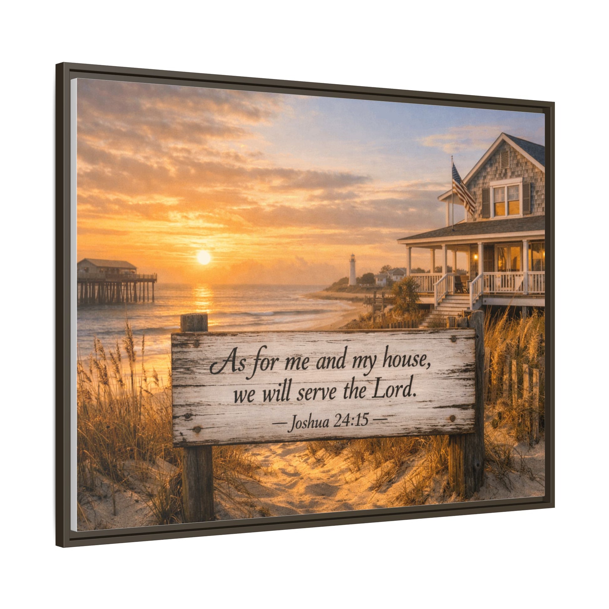 Framed coastal scripture canvas with dark frame, sunset ocean and house; reads Joshua 24:15.