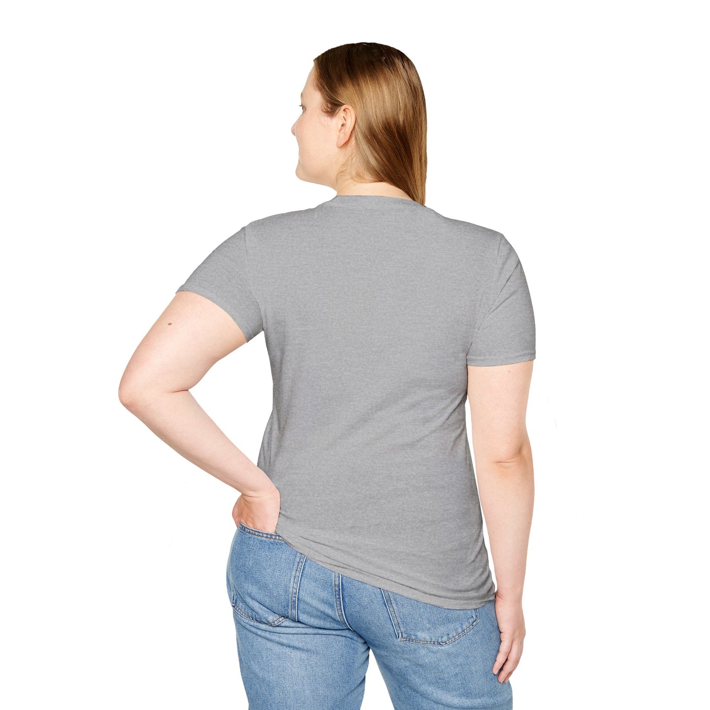 Women's sport grey T-shirt, crew neck short sleeves, back view with plain fabric