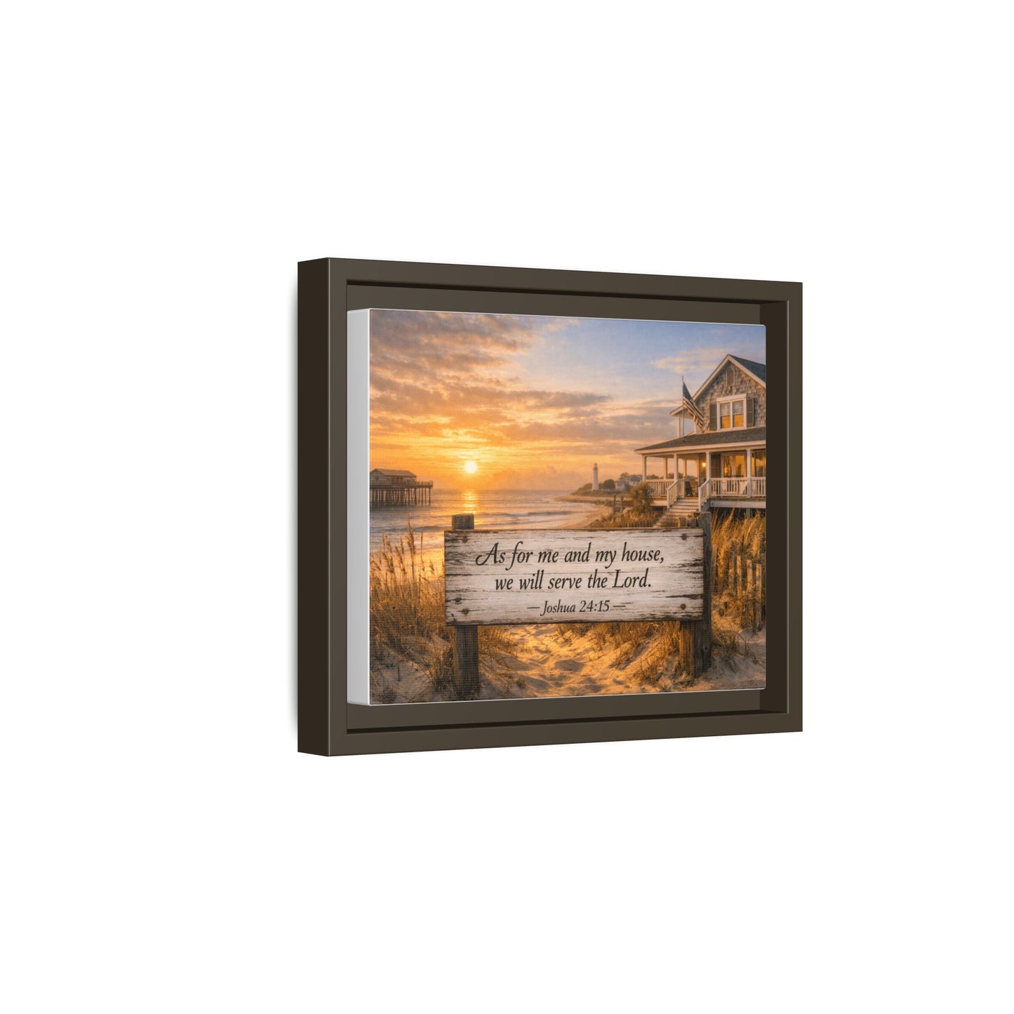 Framed coastal scripture canvas with house and verse sign, dark brown frame, side view