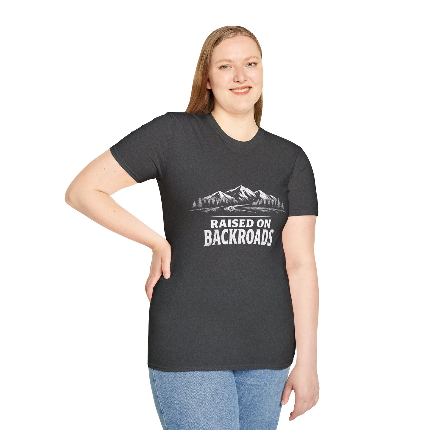 Women’s Raised on BackRoads™ graphic tee, dark heather gray with front mountain logo