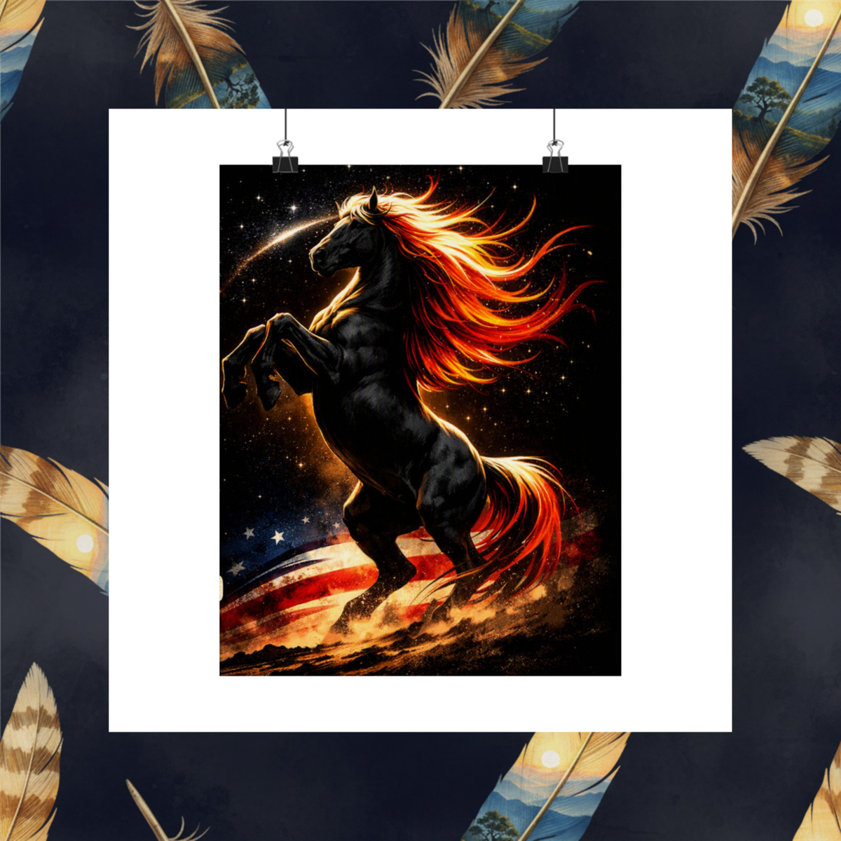 A wall art poster showing a black horse with vivid orange and red flames, displayed on a white wall. The scene is framed by a dark decorative border with feather motifs.