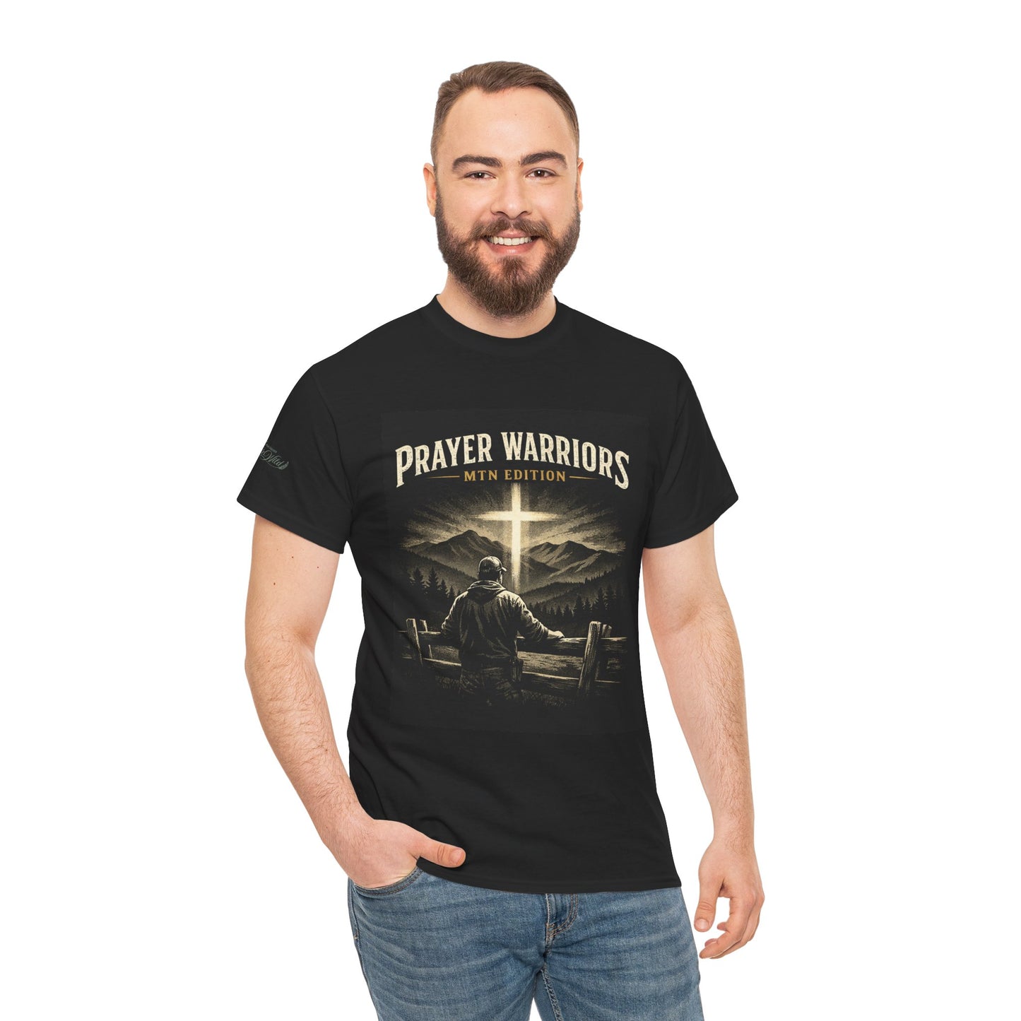 Black graphic Christian crew-neck T-shirt with prayer warrior cross and landscape print