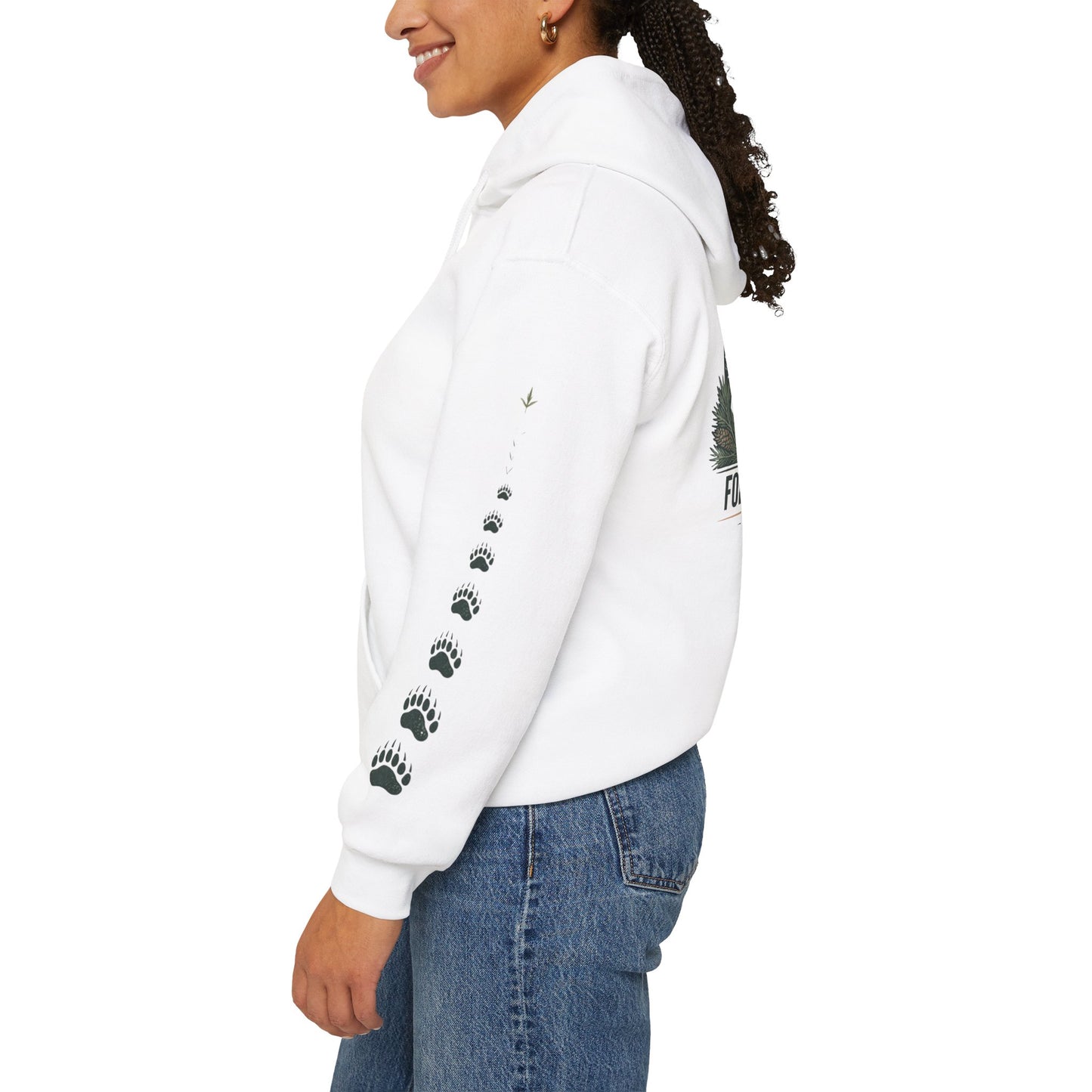 White pullover hoodie with paw-print sleeve details and hooded neckline