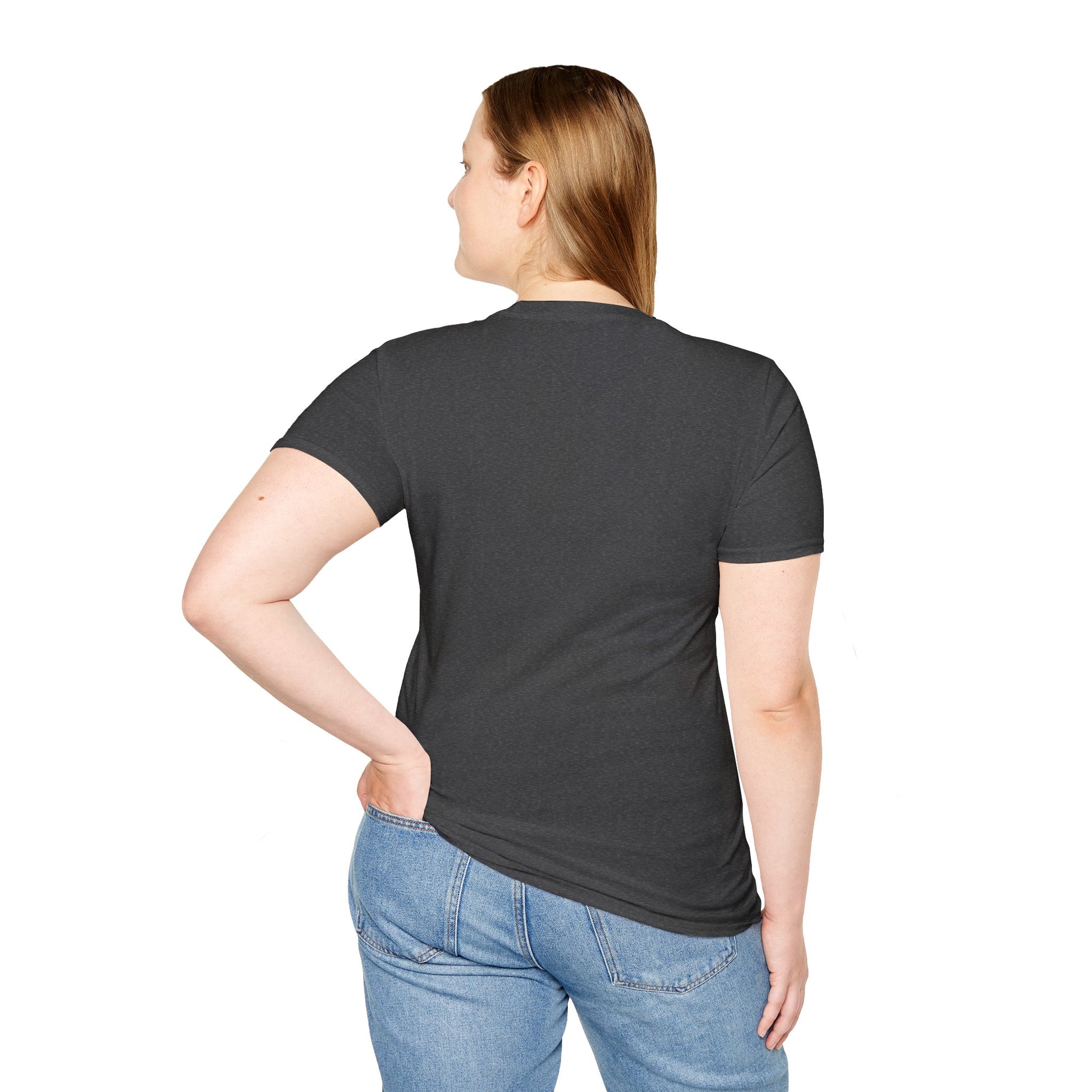 Charcoal crew-neck T-shirt back view, plain with no visible graphic