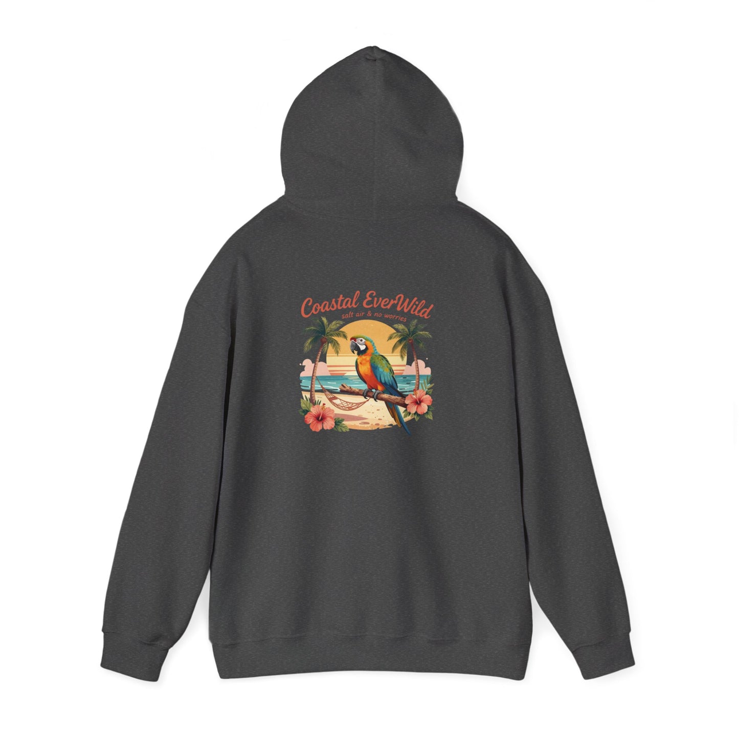 Dark charcoal pullover hoodie with bird-and-palm beach graphic on back and hood