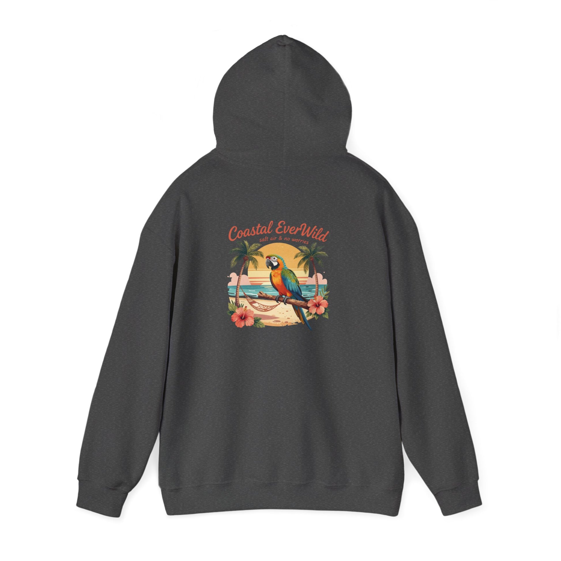 Dark charcoal pullover hoodie with bird-and-palm beach graphic on back and hood