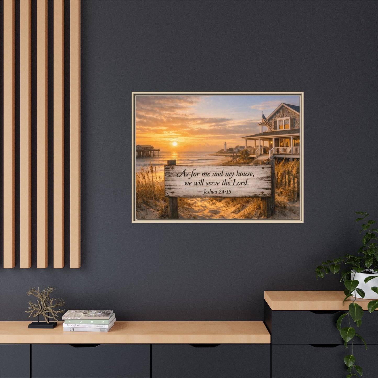 Framed canvas wall art with dark frame; coastal sunrise scripture on wooden sign