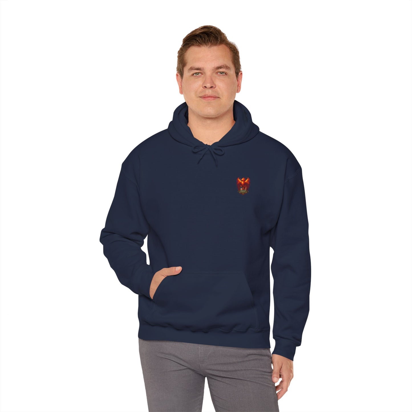 Navy pullover hoodie with small orange logo on chest