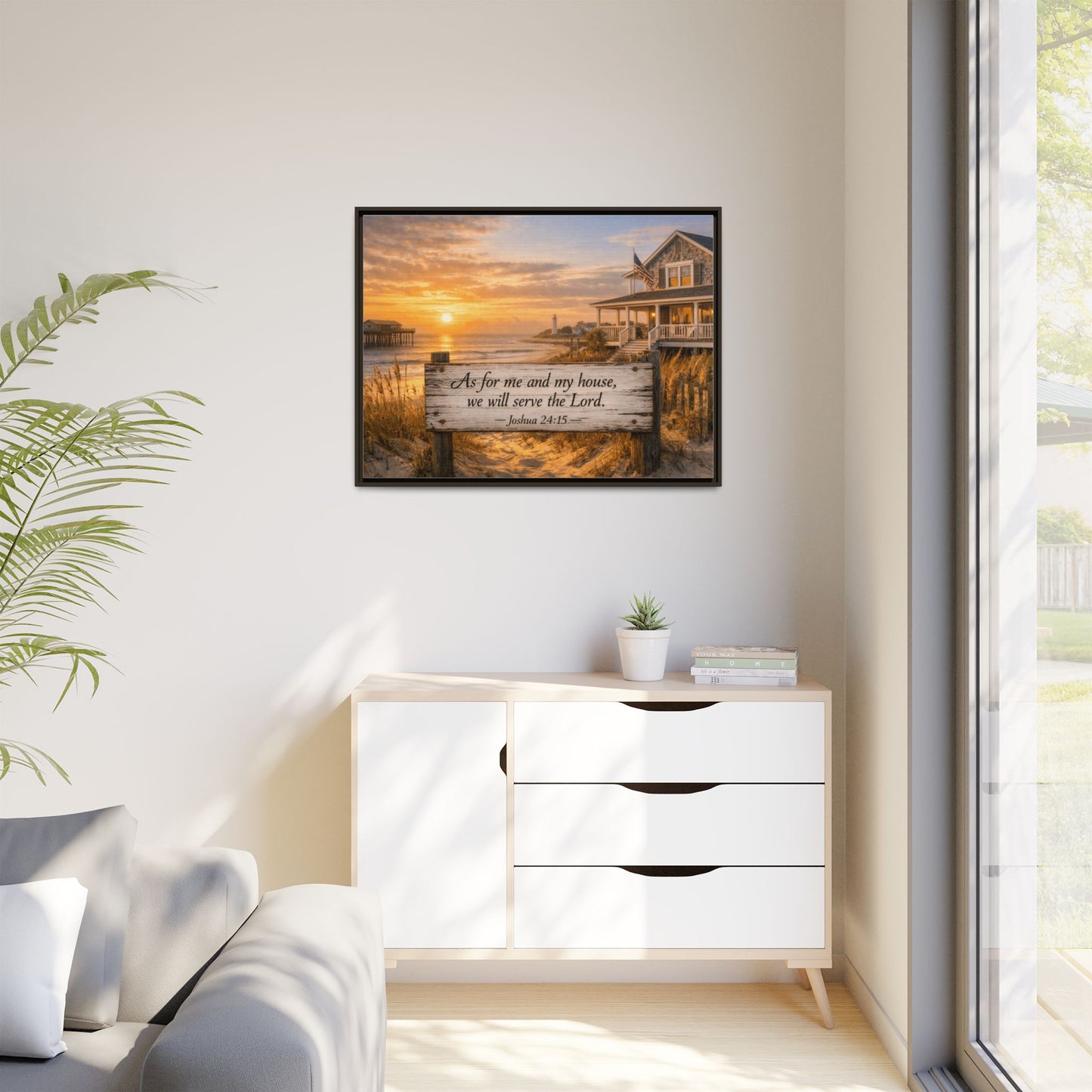 Framed coastal scripture canvas on wall with sunrise beach scene; Joshua 24:15 text.