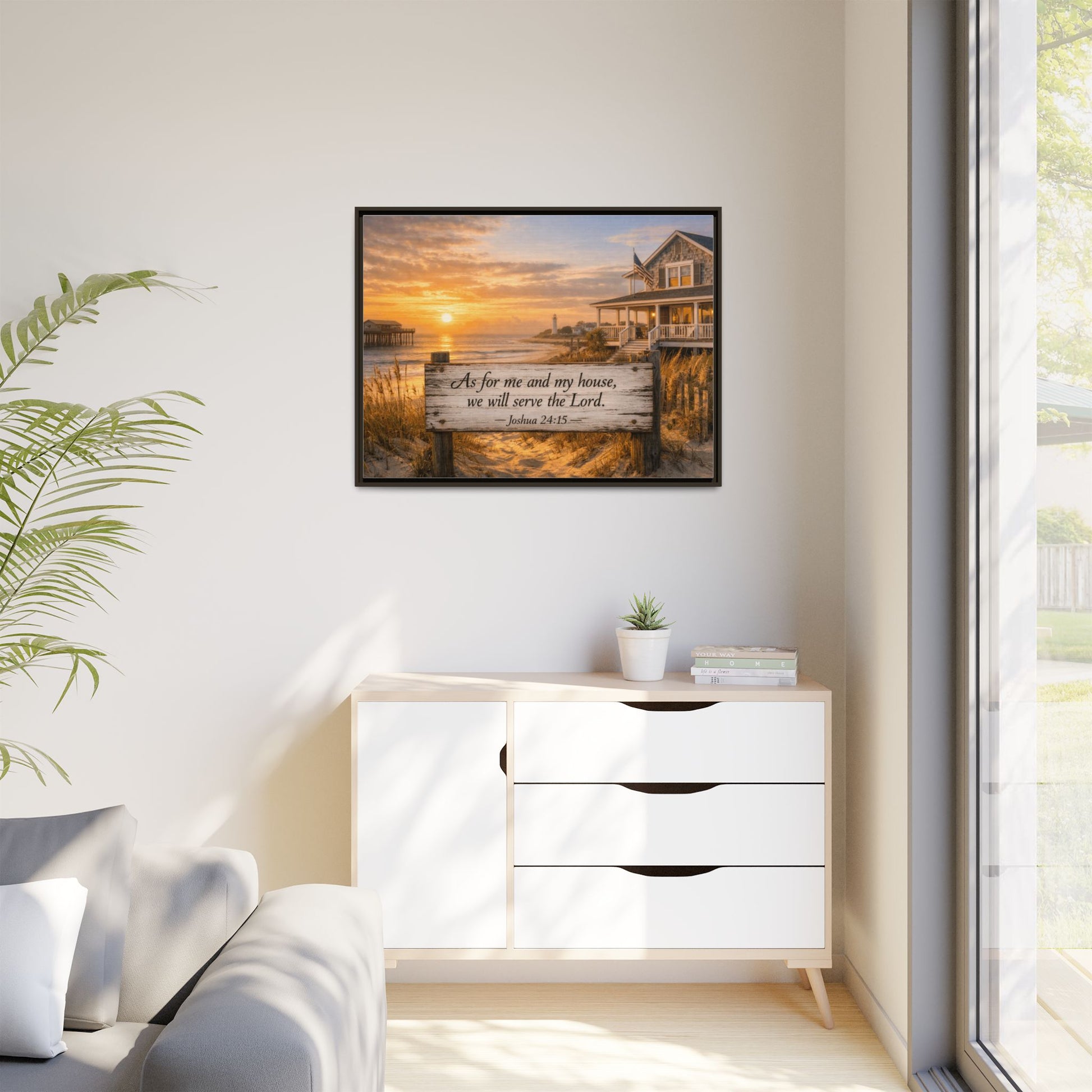 Framed coastal scripture canvas on wall with sunrise beach scene; Joshua 24:15 text.