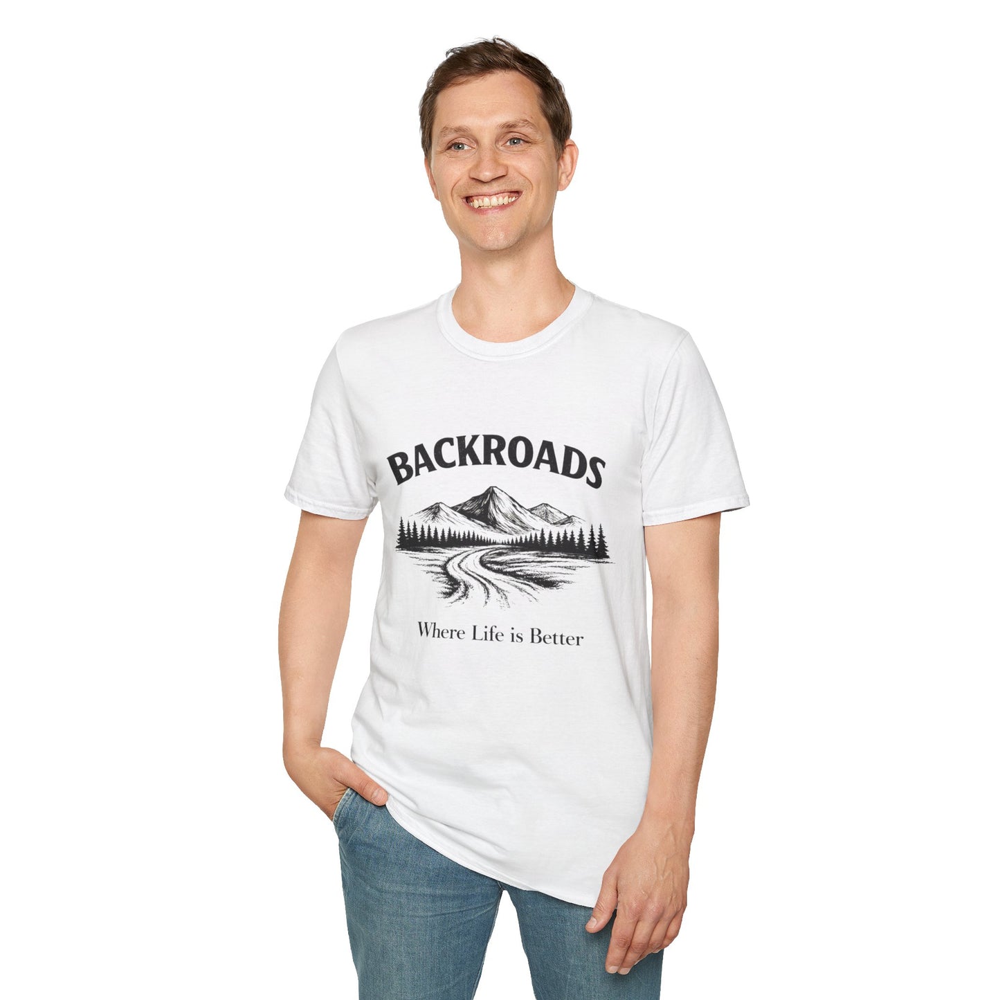 White crew-neck T-shirt with BACKROADS mountain graphic and Where Life Is Better text