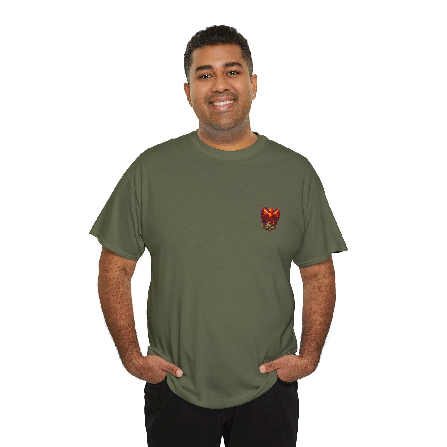 Military green T-shirt with small eagle emblem on the left chest