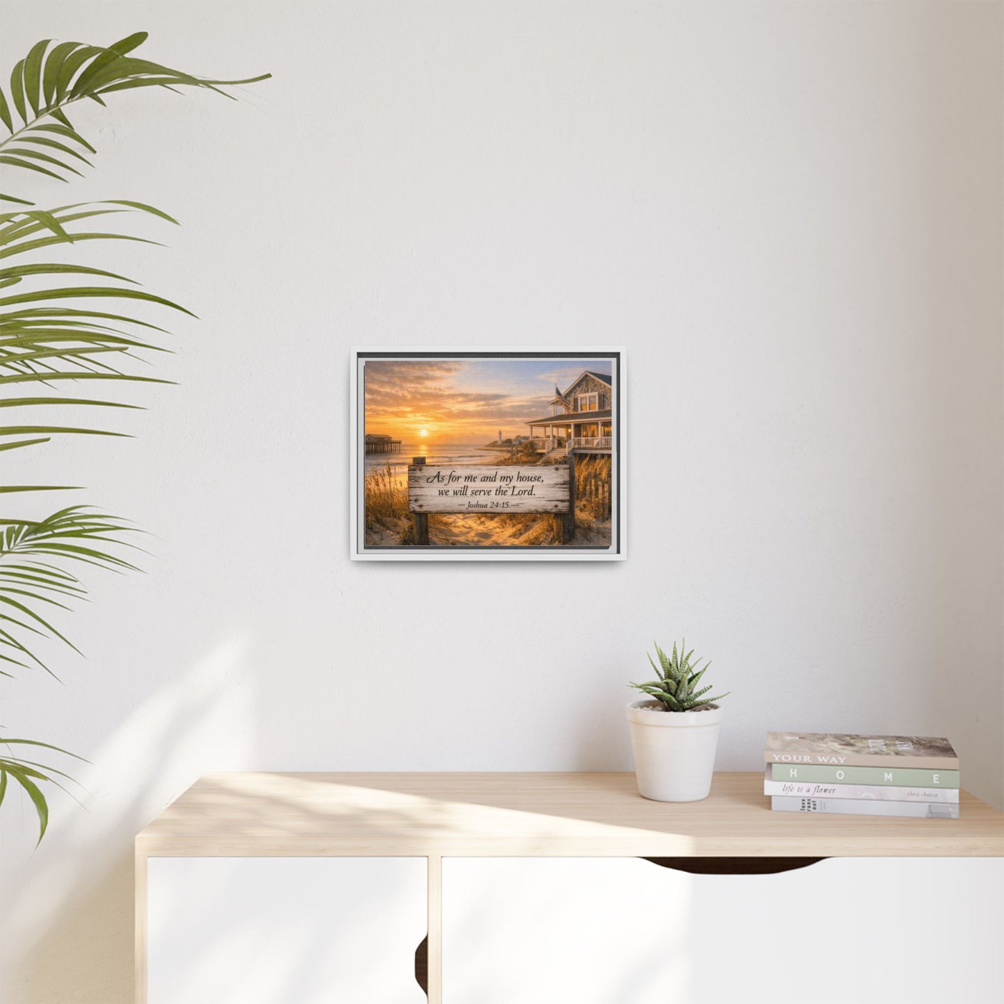 Small framed coastal scripture wall art with sunrise beach scene and quote verse.