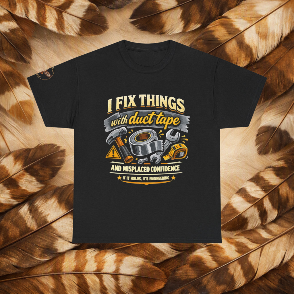 Black t-shirt with a front view graphic with tools and text that reads'I Fix Things With Duct Tape and Misplaced Confidence, If it Holds It's Engineering', laid flat on a background of cream and brown feathers.