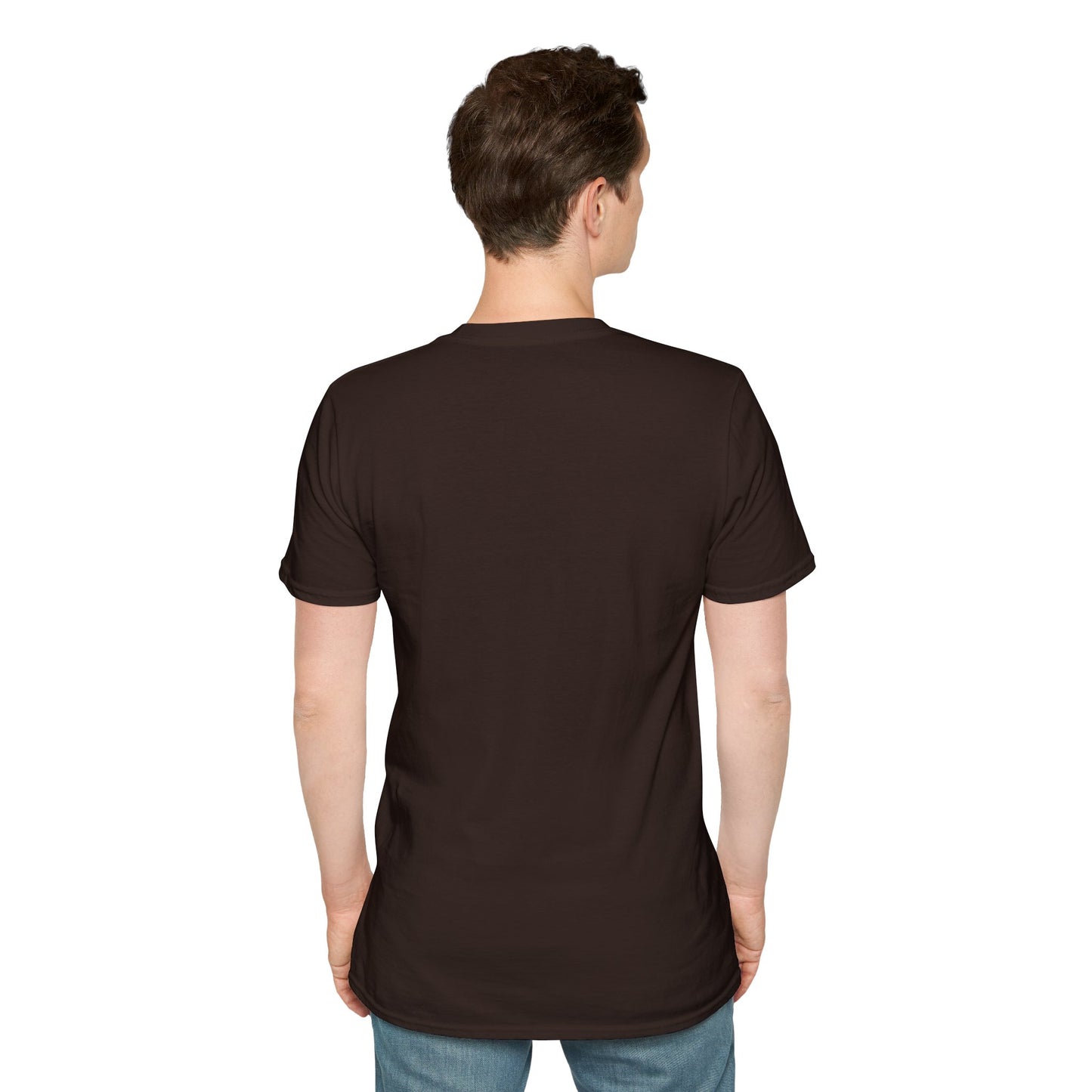 Men's dark chocolate T-shirt back view, plain crew-neck with short sleeves