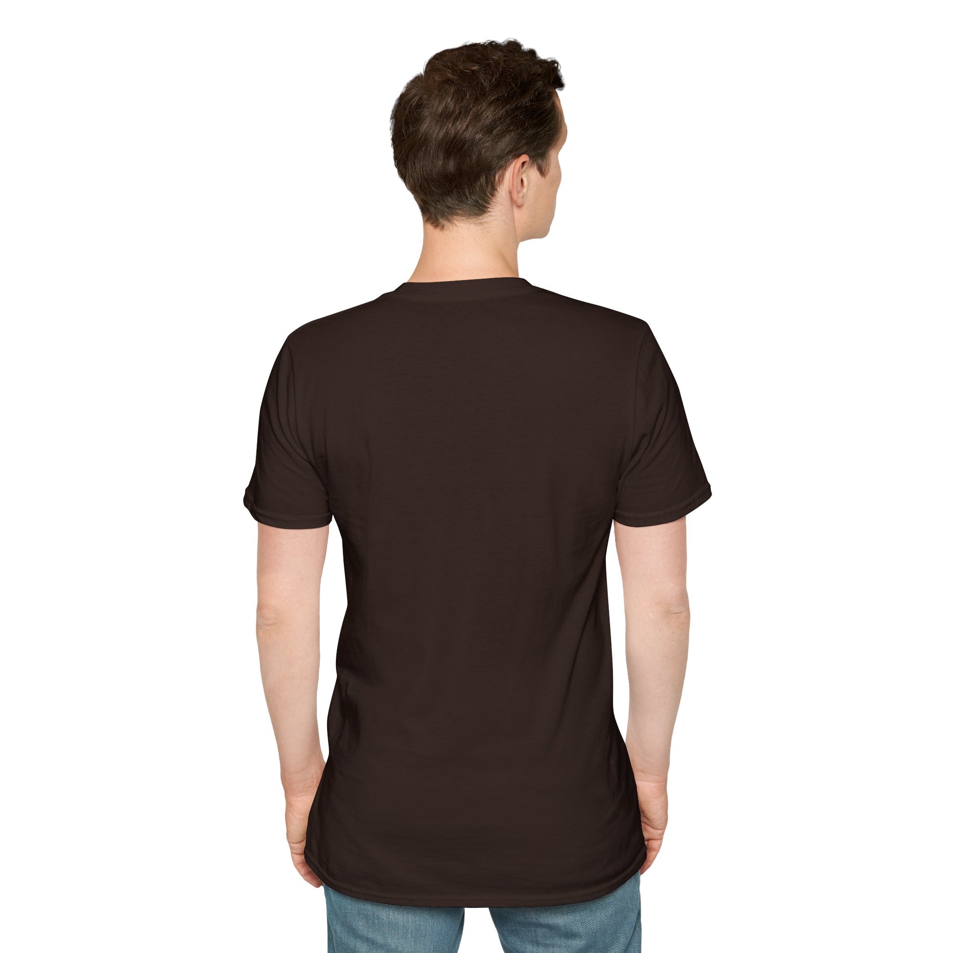 Men's dark chocolate T-shirt back view, plain crew-neck with short sleeves